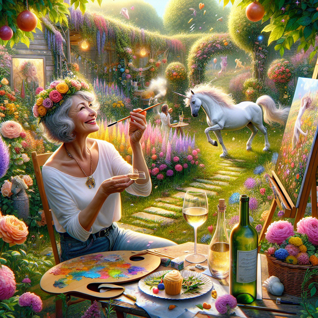 Create a charming image depicting a birthday celebration set in an idyllic garden. The garden is teeming with vibrant flora, a testament to the meticulous efforts of the gardener. A unicorn, symbolizing joy and purity, is frolicking in the garden. In one corner of the scene, a middle-aged Caucasian woman, an artist by profession, is whimsically capturing the entire scene on her easel. Her expression is radiant, mirroring the luminous colors surrounding her. A bottle of chilled white wine along with a filled glass can be seen close by, symbolizing the spirit of jubilation and harmony between art and nature.
Generated with these themes: White wine , Female artist, Unicorn, and Gardener.
Made with ❤️ by AI.