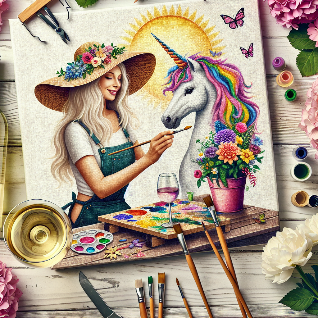 Craft a radiant birthday scene featuring a Caucasian woman, identifiable as an artist by her sun hat and apron. She is deeply immersed in her creativity, painting a whimsical unicorn on a canvas. Around her, a variety of vibrant flowers and gardening tools are displayed, symbolizing her passion for horticulture. Adjacent to her, on a small table, a bottle of white wine is chilling in an ice bucket. A solitary glass sits nearby, waiting to be filled and raise a toast to the occasion.
Generated with these themes: White wine , Female artist, Unicorn, and Gardener.
Made with ❤️ by AI.