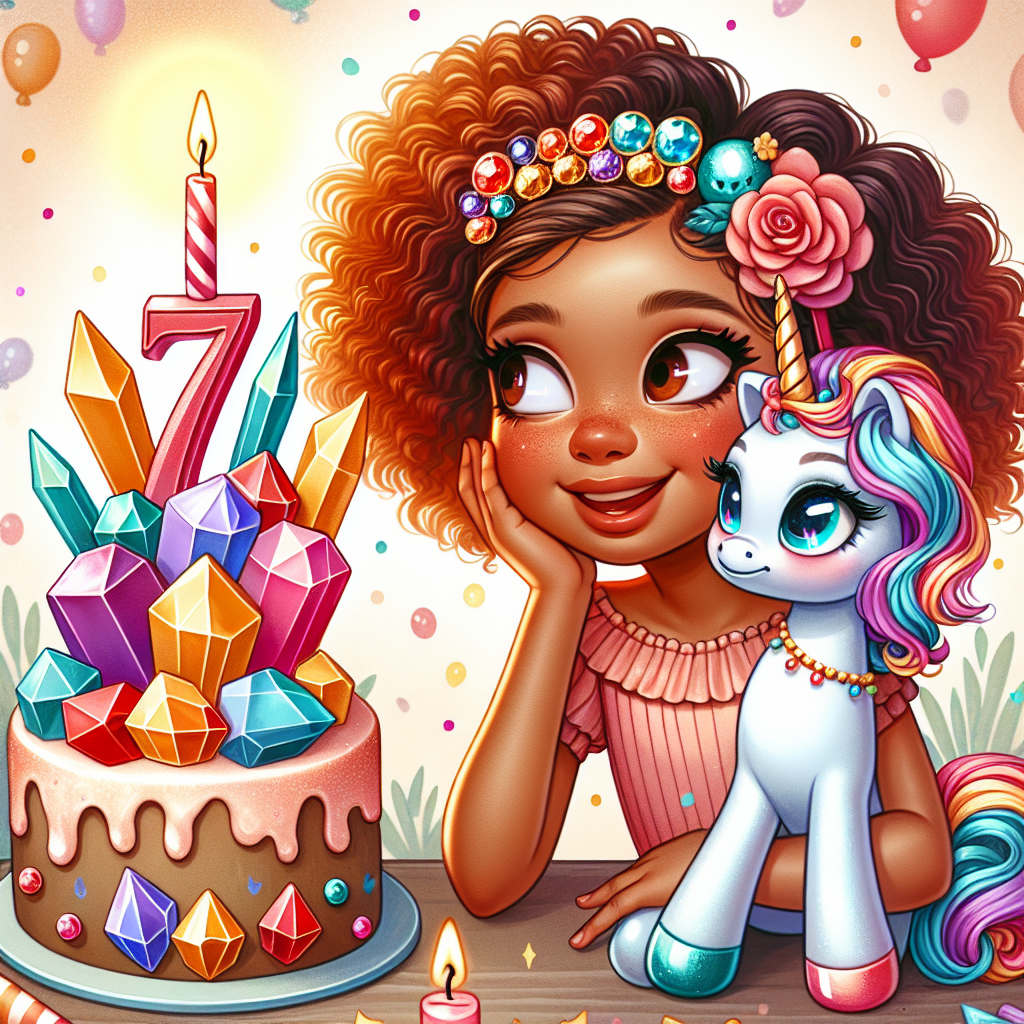 In this joyous birthday-themed illustration, a radiant biracial girl of light complexion adorned with springy auburn curls is affectionately looking at her precious gem doll, which has distinctive colors associated with spirituality and courage. The doll sits beside a magical unicorn cake, decorated with a medley of colored icing. A vibrantly crafted number 7 candle stands out prominently, announcing the age of celebration.
Generated with these themes: Light skinned biracial girl with auburn curls, Steven universe garnet doll, and Unicorn cake with number 7 candle.
Made with ❤️ by AI.