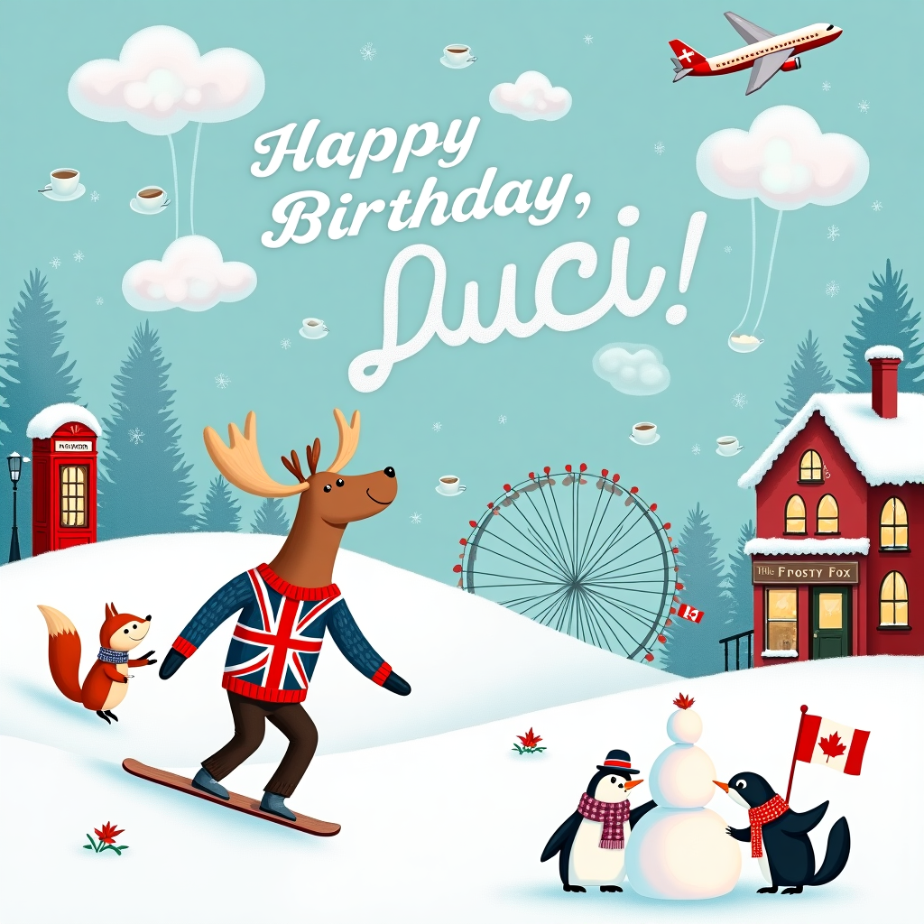 In this whimsical birthday card illustration, imagine a lively snow-covered landscape that cleverly blends elements of England and Canada, infused with the thrill of snowboarding. At the center of the scene, a jovial moose from Canada is wearing an oversized Union Jack sweater as it gracefully snowboards down a gently sloping hill. This hill is not made of ordinary snow, but instead, it's sprinkled with tiny tea cups and saucers in a nod to England's love for tea. Alongside the moose, a playful red fox, sporting a tiny maple leaf scarf, is skillfully maneuvering a miniature snowboard, trailing behind in the snow.

To the left, there's an old-fashioned, red telephone booth, slightly tilted in the snow, with icicles dangling from its roof. Peeking out from the door is a jolly beaver, who seems to be cheering on the snowboarders with a tiny, hand-knitted British wool cap perched on its head.

Above the hill, the sky is an expanse of clear blue, but there’s a playful twist. The clouds are shaped like iconic English landmarks, such as Big Ben and the London Eye, with intricate details outlined in fluffy white. High up in the sky, a plane is writing “Happy Birthday, Luci!” in smoke trails, the letters looping elegantly through the sky. The text is made to appear like it's snowing gently downwards, mingling with the delicate snowflakes that pepper the scene.

To the right, there's a classic English pub, cozy and welcoming, with its windows glowing a warm amber. Outside, there's a cheerful snowman wearing a bowler hat, with a Canadian Mountie jacket draped over its snowy shoulders. The pub's sign, swinging gently in the winter breeze, reads "The Frosty Fox" with an artistic emblem of the same red fox on the snowboard.

Nestled near the base of the snowboarding hill, a small group of penguins, dressed in tiny scarves, are building a snow sculpture shaped like the CN Tower, paying homage to Canada's skyline. Their snow pile resembles a giant cake, topped with a bright, candle-like torch that casts a friendly glow, symbolizing the warmth and joy of the occasion.

This scene is a vibrant tapestry of cultural symbols, animated characters, and playful interactions, all gathered to celebrate Luci’s birthday in a unique and memorable way.
Generated with these themes: england, canada, snowboarding.
Made with ❤️ by AI.