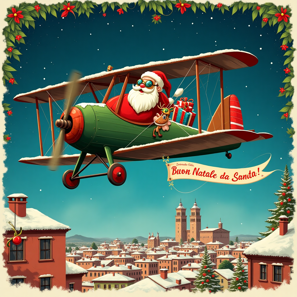 In the whimsical illustration destined for the front of this unique Christmas greeting card, we find ourselves in a peculiar yet delightful scene: Santa Claus, with his jolly round belly and signature red suit, is at the helm of a charmingly antiquated biplane. The aircraft, a vintage piece reminiscent of early 20th-century aviation, is painted a vibrant shade of holly green with festive red accents. Perched on the wings are a collection of colorful wrapped presents, each labeled with hand-written tags fluttering in the wind. As the plane swoops over the Italian city of Bologna, the skyline below is meticulously rendered with the iconic Two Towers, Garisenda and Asinelli, standing tall amidst a scattering of terra-cotta roofs. 

In the cockpit beside Santa, a friendly reindeer wearing aviation goggles pokes its head out, seemingly enjoying the brisk winter air. Trailing behind the aircraft is a long festive banner that reads, “Buon Natale da Santa!” (Merry Christmas from Santa!). In a delightful twist, slices of Bologna sausage are humorously tucked amongst the presents, suggesting that Santa has made a special stop to gather some local delights. In the background, the night sky is an enchanting tapestry of deep blues and purples, dotted with twinkling stars, echoing a style reminiscent of Maxfield Parrish. Below, the snowy streets of Bologna are animated with tiny figures, bundled up and gazing skyward in awe and amusement. The entire scene is framed with a border of swirling holly leaves and twinkling Christmas lights, evoking a touch of Edward Gorey's intricate line work, adding a final festive flourish to this quirky, delightful holiday card.
Generated with these themes: Santa, Aircraft , Bologna, and .
Made with ❤️ by AI.