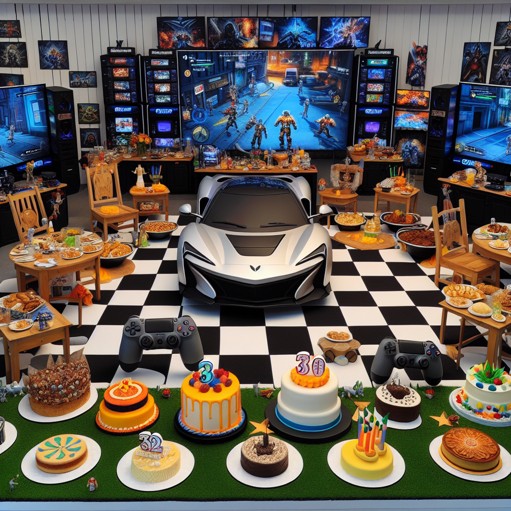 Envision a humorous and realistic birthday environment that resembles a gaming paradise. There are numerous gaming consoles and screens surrounded by large cutouts of general gaming characters. In the middle of this setup, there stands a fine-looking sports car transformed into a cake to mark the 30th birthday celebration. Scattered around the room are food items that mimic the look of in-game items and power-ups, appealing to a game-loving food enthusiast. The scene is further livened up with clever references or Easter eggs from various popular games, adding humor to the whole celebration environment.
Generated with these themes: Astra VXR, 30, Gamer, and Foodie.
Made with ❤️ by AI.