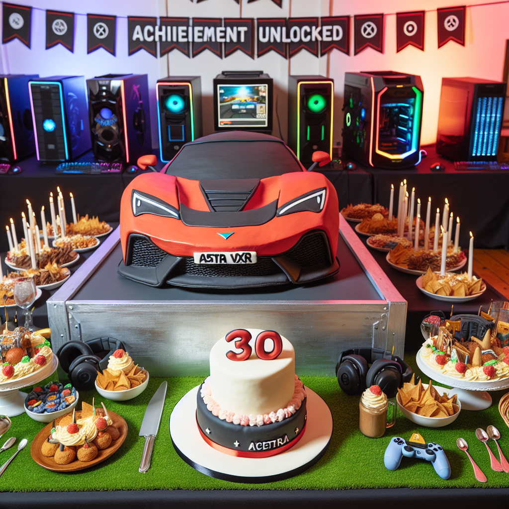 Visualize a humorous and celebratory occasion for a birthday. The setting of the scene is a room decorated with top-tier gaming computers and virtual reality headsets, all in homage to the birthday individual who loves gaming. In a highlight spot, there sits a meticulously crafted replica of an Astra VXR car, designed entirely from fondant and icing to mark their 30th birthday. Arrayed on the tables are decadent, gourmet dishes, all creatively shaped like iconic items from popular video games to appeal to any gastronome. Adding to the funny atmosphere of the event are 'achievement unlocked' banners with clever age-related puns, functioning as amusing backdrops for photos.
Generated with these themes: Astra VXR, 30, Gamer, and Foodie.
Made with ❤️ by AI.