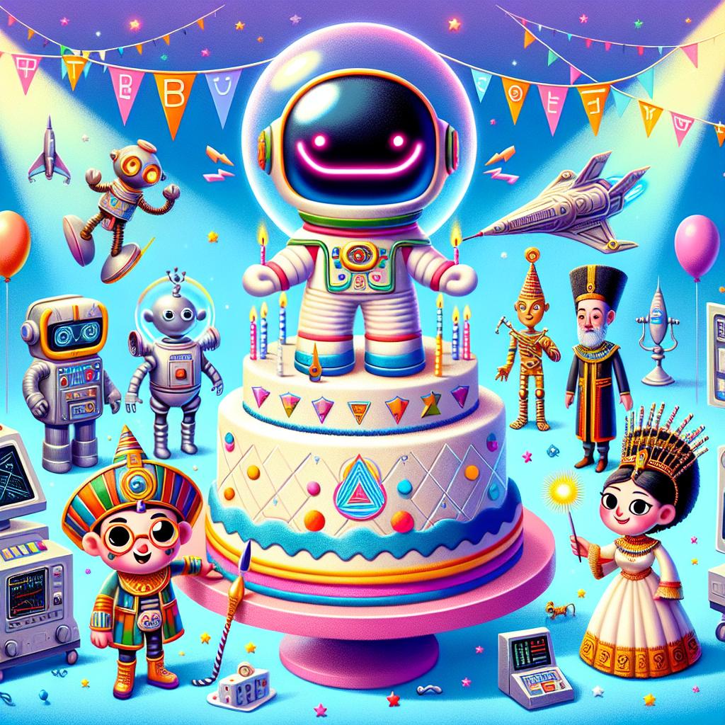Create a vibrant birthday scene with a whimsical twist, fusing science fiction elements with historical elements. The centerpiece is a cute, unknown spaceship captain in an outlandish outfit standing next to a cake molded like a futuristic spaceship. Festive decorations featuring symbolic gestures of a fictitious extraterrestrial race dot the background, and imaginary characters from historical settings like a theoretical physicist from the early 20th century and an influential queen from ancient Egypt are playfully interacting with futuristic ray guns and advanced scanning devices. The colors are vivid and joyful, encapsulating the spirit of a birthday party through sci-fi and historical themes.
Generated with these themes: Star trek, and History .
Made with ❤️ by AI.