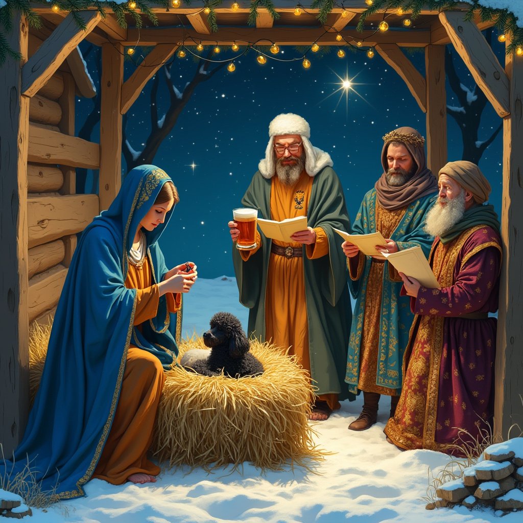 On a snowy, starlit night in a cozy stable, the Christmas card scene comes to life with a whimsical twist on the Nativity story. In the center, Mary is serenely seated on a hay bale, knitting away with rich blue yarn that matches her flowing, traditional robe. Her gentle focus is momentarily broken by the soft snuffling of a black poodle nestled comfortably in the manger beside her. The poodle's curly coat glistens under the stable's soft glow, its eyes wide with wonder as if it knows it's part of something special. Joseph stands proudly nearby, his attire a humorous blend of ancient and modern—a Hull City Tigers football shirt, its bold amber and black stripes stark against the rustic setting. In his hand, he clutches a pint of ale, the frothy top threatening to spill over with every joyful cheer. To the right, the three Wise Men are an eclectic trio, harmonizing a traditional hymn from worn sheets of music. Their robes are opulent, rich with intricate patterns of gold and deep jewel tones, their voices caught in mid-chorus, each expression one of sincere devotion. One of the Wise Men even sports a stylish hat that seems to be a nod to the modern world, perhaps a subtle fedora tilted jauntily. The background reveals a simple wooden structure, adorned with strings of golden fairy lights that twinkle like the stars above, casting a warm, magical glow across the whole scene.
Generated with these themes: Nativity scene, Mary knitting, Black poodle in manger, Joseph wearing Hull City Tigersfootball shirt and holding a pint, 3 wise men , and 3 wise men singing from hymn sheets while Mary knits and Joseph holds pint wearing Hull City Tigersfootball football top and black poodle in the manger.
Made with ❤️ by AI.