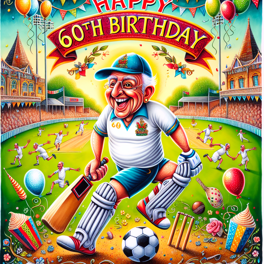 An enchanting illustration that vividly portrays the celebratory ambiance of a 60th birthday party for an uncle. The central figure is a joyful cartoon character that resembles the uncle; he is proudly sporting a generic soccer jersey and skillfully wielding a cricket bat to symbolize his love for both soccer and cricket. The background creatively merges a whimsical cricket field and soccer pitch, symbolically representing his passion for both games. The upper corners are adorned with festively detailed balloons and streamers. Above everything, 'Happy 60th Birthday' is artistically displayed in a exuberant, bold font.
Generated with these themes: Bolton wanders, English cricket , Uncle, and 60th birthday.
Made with ❤️ by AI.