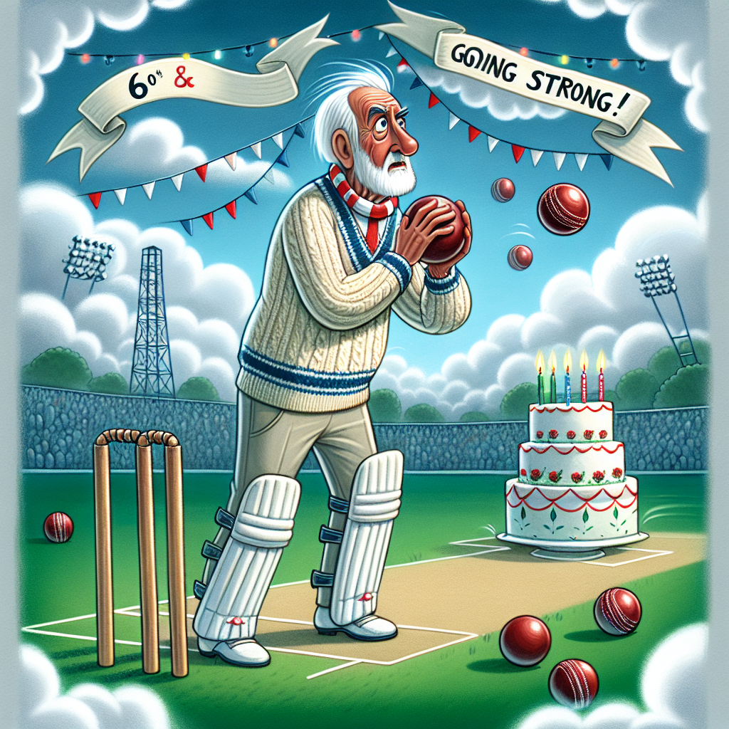 Create an endearing birthday illustration centered around a 60th celebration for a beloved uncle. The main focal point should be a caricature of an older gentleman prepared to bowl with a cricket ball in one hand and a vintage football scarf draped across his neck. The setting should be a whimsical combination of an English cricket green and a football pitch, novelly incorporating cricket wickets as the goalposts. The phrase '60 & Going Strong!' should be displayed on a banner floating in a sky populated by friendly, cartoon-like clouds. At the bottom of the scene, place a cricket-themed birthday cake adorned with 60 candles, symbolizing the milestone birthday.
Generated with these themes: Bolton wanders, English cricket , Uncle, and 60th birthday.
Made with ❤️ by AI.