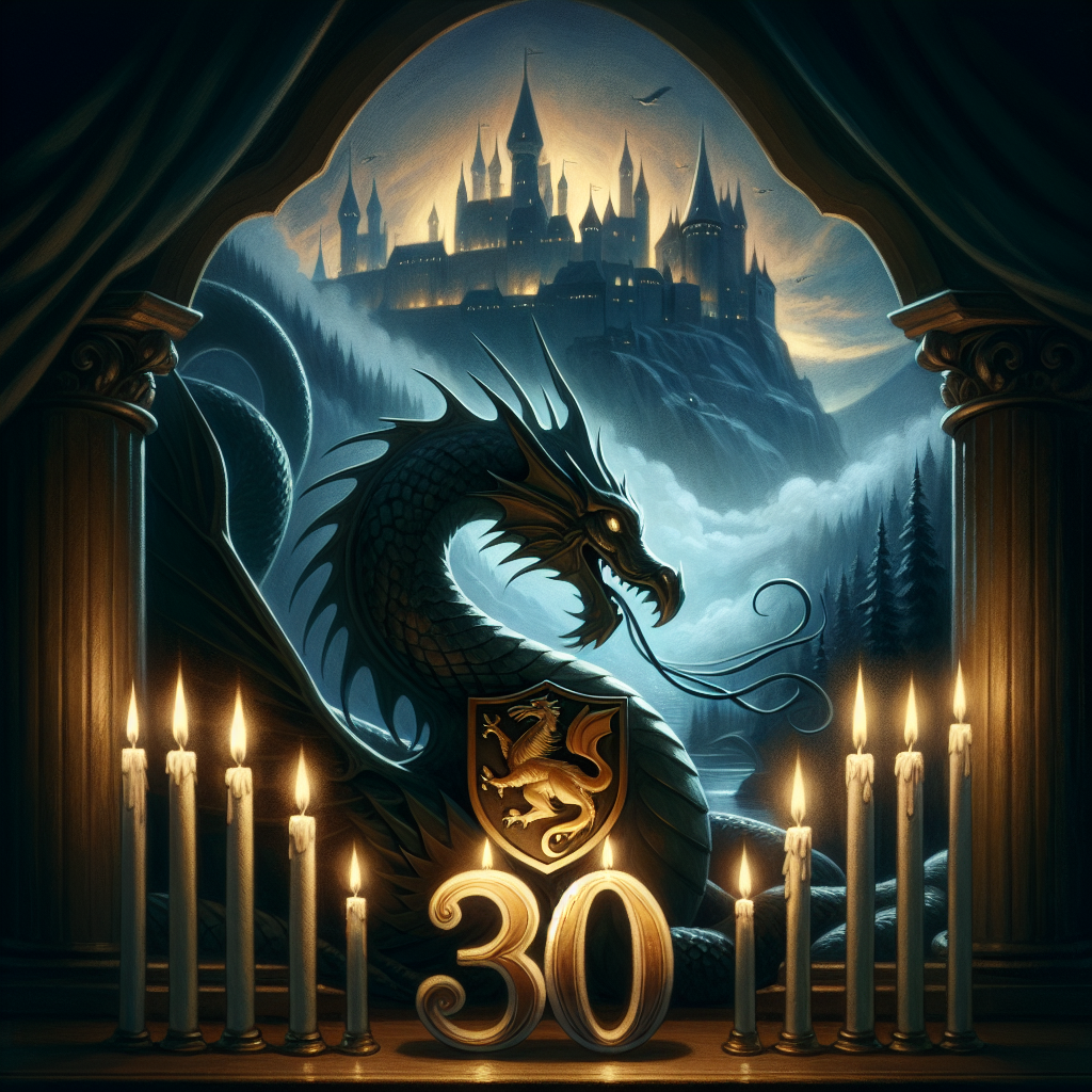 This illustration showcases a magical birthday scene symbolizing the 30th year. A grand and mysterious castle, enveloped in the dim glow of evening, can be seen looming at a distance, providing a hint of the enchanting world beyond. A dignified mythological creature, representing strength and wisdom, is coiled protectively around a crest symbolizing loyalty and fairness. The ambient light is softly provided by the flickering of 30 birthday candles, casting shadows and illuminating the painting with a gentle, contemplative light.
Generated with these themes: Hogwarts, Hufflepuff, Dragon, and 30.
Made with ❤️ by AI.