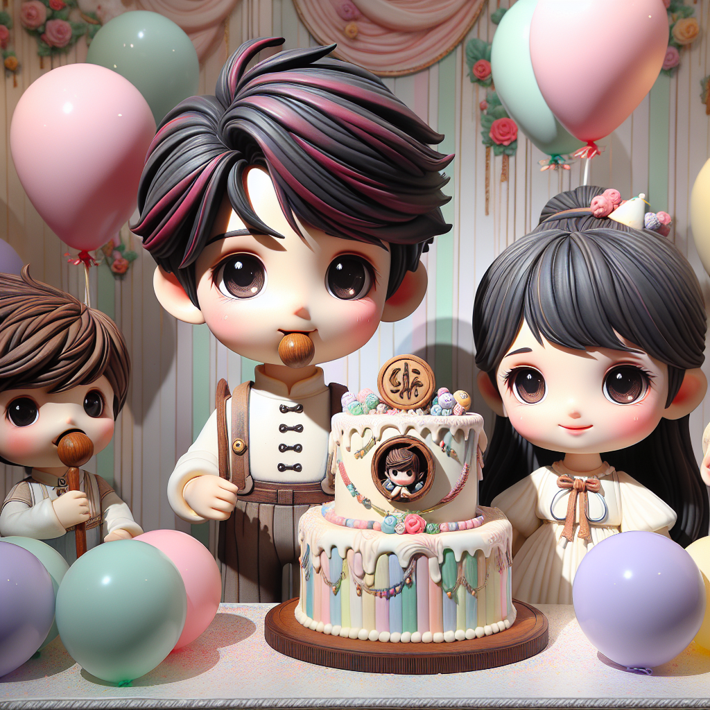 A lively birthday scene comes to life with charming cartoon characters grouped in amidst pastel-toned balloons. In the spotlight is a gentle-natured boy with distinct black and burgundy hair, depicted tenderly with softer edges for more cuddly charm. A lovely girl with tied-back dark hair and a peculiar wooden mouthpiece is among the guests. The character's heads are adorned with festive hats. An ornately decorated cake, with swirls of rich icing, features a unique emblem which relates to their adventures, adding a delightful finishing touch to the overall birthday theme.
Generated with these themes: Demon slayer.
Made with ❤️ by AI.