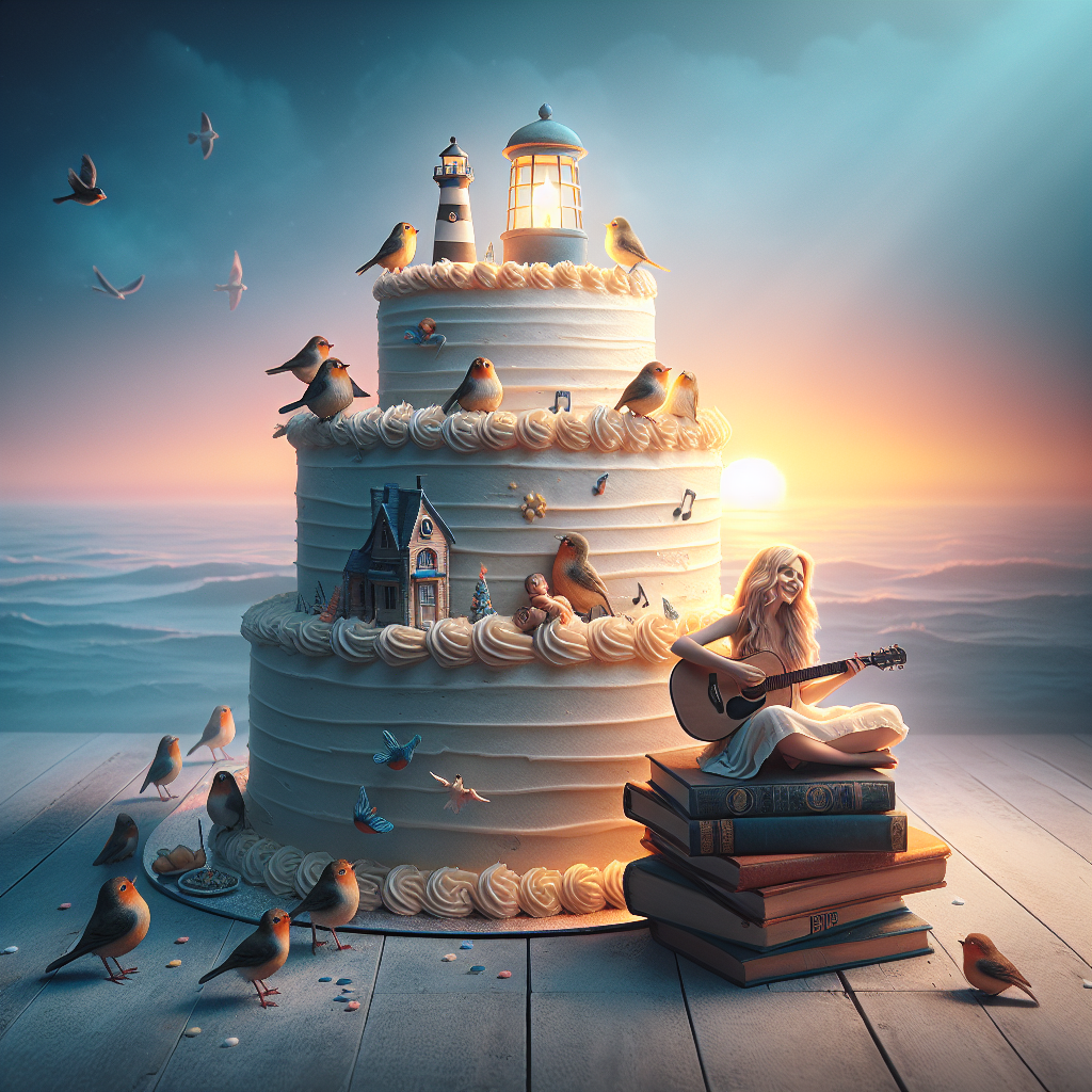 The scene is set against a background of soft pastel hues reminiscent of dawn, with a gigantic birthday cake being the focal point. At the top tier, an unidentified young blonde woman, guitar in hand, serenades a gathering of whimsical birds perched on delicate frosting. Alongside the cake, a stack of classic novels leans against a charming mini lighthouse, with its light shedding a gentle glow that washes over the scene, symbolizing the beacon of knowledge and the jubilant melody of life celebrating another year
Generated with these themes: Taylor swift, Birds,  Books, and Lighthouse .
Made with ❤️ by AI.