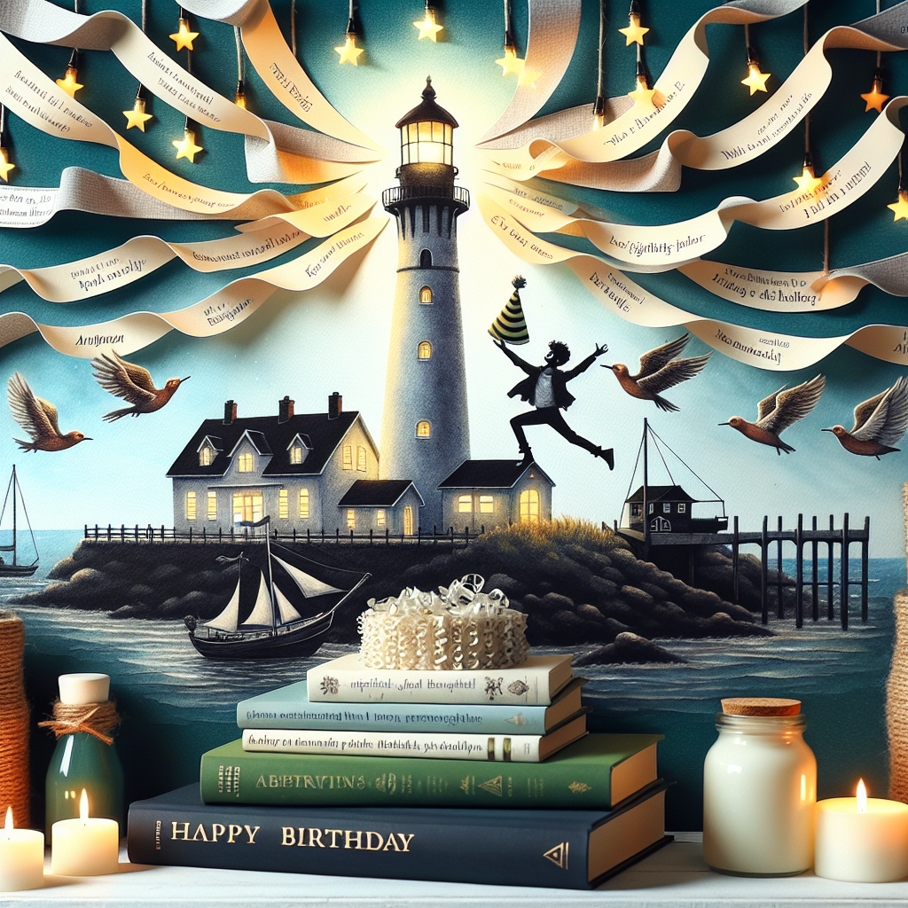 This delightful depiction exhibits a snug harborside setting with a charming lighthouse. Its comforting light pours over a jubilant birthday celebration scene. The silhouette of a famous pop singer, wearing a fun-filled party hat, is grinning from an overhead festive banner while she's encircled by lightweight birds, each toting strips of birthday greetings. Towards the bottom, a selection of books is elegantly laid out, their titles echoing stories of journey and ambition, functioning as both aesthetics and an appreciation to the birthday individual's passion for literature.
Generated with these themes: Taylor swift, Birds,  Books, and Lighthouse .
Made with ❤️ by AI.