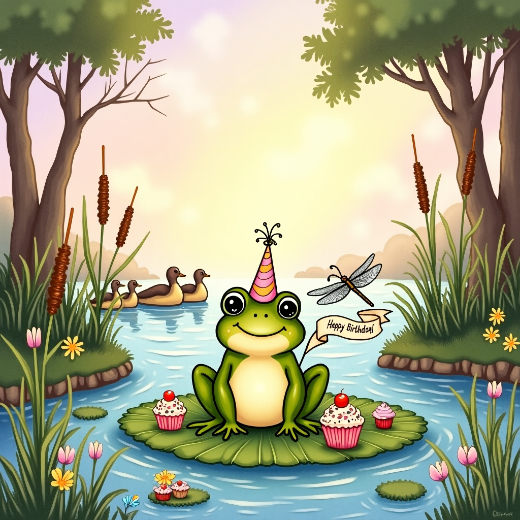 Imagine a vibrant, hand-drawn illustration that captures a whimsical birthday scene centered around an adorable frog. The setting is an enchanting pond edge, brimming with life and details, reflecting a cross between the detailed narrative style of Norman Rockwell and the enchanting elements seen in the works of Beatrix Potter.

**Foreground**: 

- A cheerful frog is the central figure, seated on a lush, large lily pad. The frog is adorned with a small, colorful party hat tilted jauntily to one side. Its wide, bright eyes gaze curiously, with its limbs slightly splayed as if it’s about to leap in celebration.
- Surrounding the frog are tiny, delicate cakes and cupcakes with swirls of pastel frosting, adorned with miniature edible flowers and fruit slices, scattered on the lily pad.
- On either side of the frog, a pair of dragonflies with iridescent wings hover playfully, one carrying a tiny banner that reads "Happy Birthday!" in a whimsical, handwritten script.

**Midground**:

- A collection of cattails and reeds rise gracefully from the pond's edge, their soft, feathery tops swaying slightly. These plants frame the scene and add texture with their slender, green and brown stems.
- A few vibrant, watercolor-style wildflowers in shades of pink, blue, and yellow are nestled among the reeds, adding bursts of color and detail.

**Background**:

- The pond itself reflects the soft hues of an early evening sky, painted in dreamy strokes of lavender and blush pink, as if a sunset is casting its gentle glow.
- On the far edge of the pond, a family of ducks in a V-formation is depicted, with their sleek bodies creating subtle ripples in the water.
- Tall trees with gnarled branches, inspired by Arthur Rackham, stand in the distance, their leaves a mix of emerald and jade, providing a sense of depth and storytelling.

**Additional Details**:

- A sprinkling of small, star-shaped fireflies illuminate the scene, giving a gentle shimmer to the overall illustration.
- To add a touch of humor akin to Quentin Blake, include a tiny, cheeky snail wearing a party hat, inching its way towards the frog, leaving a glittering trail behind it.

The style should blend detailed line work with soft, watercolor washes, creating a balanced and harmonious composition that celebrates the whimsical joy of a birthday scene.
Generated with these themes: Frog.
Made with ❤️ by AI.
