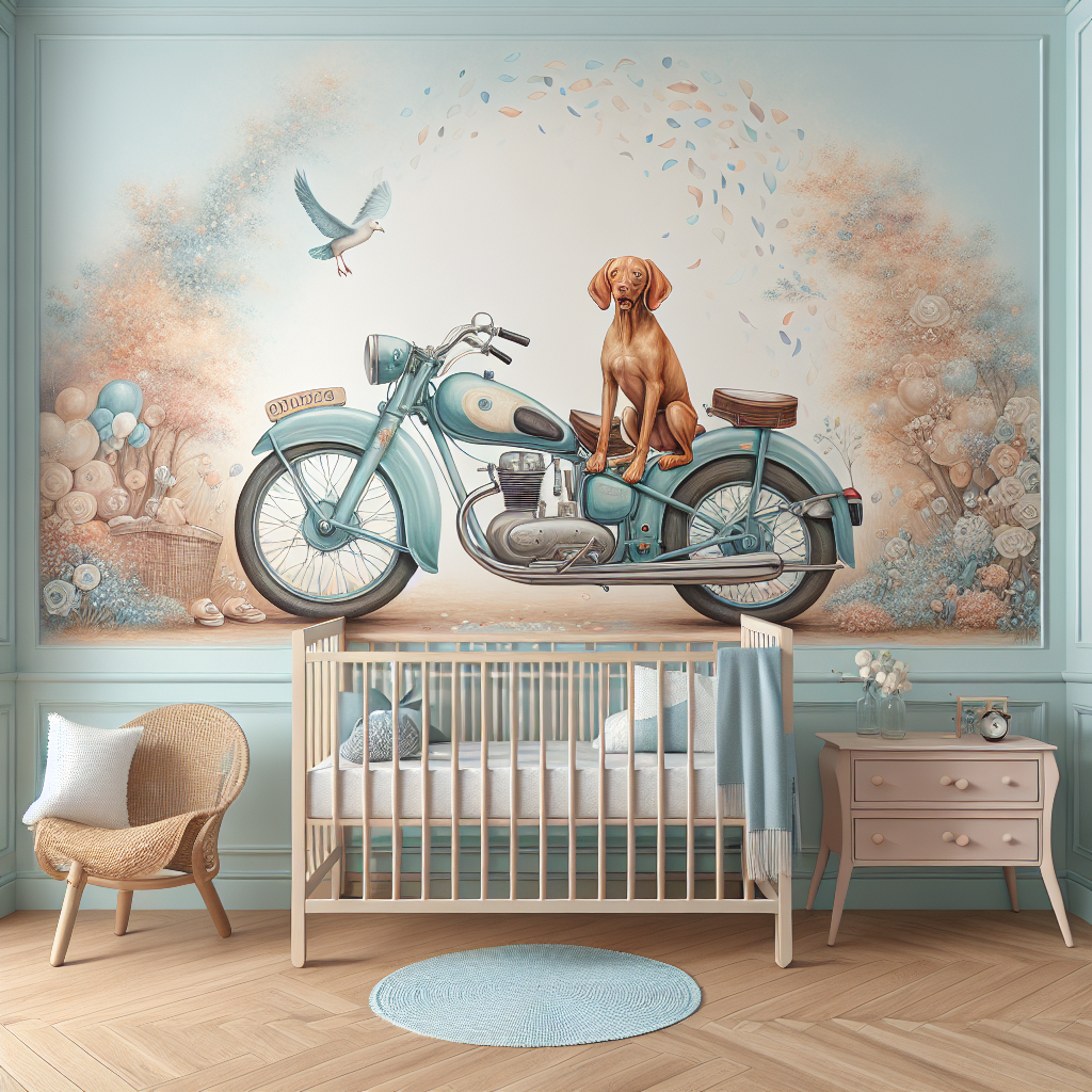 Create an image of a dreamy nursery room adorned in soothing pastel hues. The room features a delightful wall mural portraying an enchanting scene. The mural showcases a friendly Hungarian Vizsla dog perched on an old-fashioned motorbike, all depicted in gentle soft lines and colors. The motorbike, though realistic in design, brims with welcoming warmth and blends seamlessly with the playful Vizsla. The overall theme is enhanced by the subtle hints of blue hues woven throughout the mural which signify joy for the arrival of a baby boy. In the backdrop, confetti subtly floats down, embracing the celebratory motif of new beginnings.
Generated with these themes: Motorbike, Hungarian viszla dog, and Baby boy.
Made with ❤️ by AI.