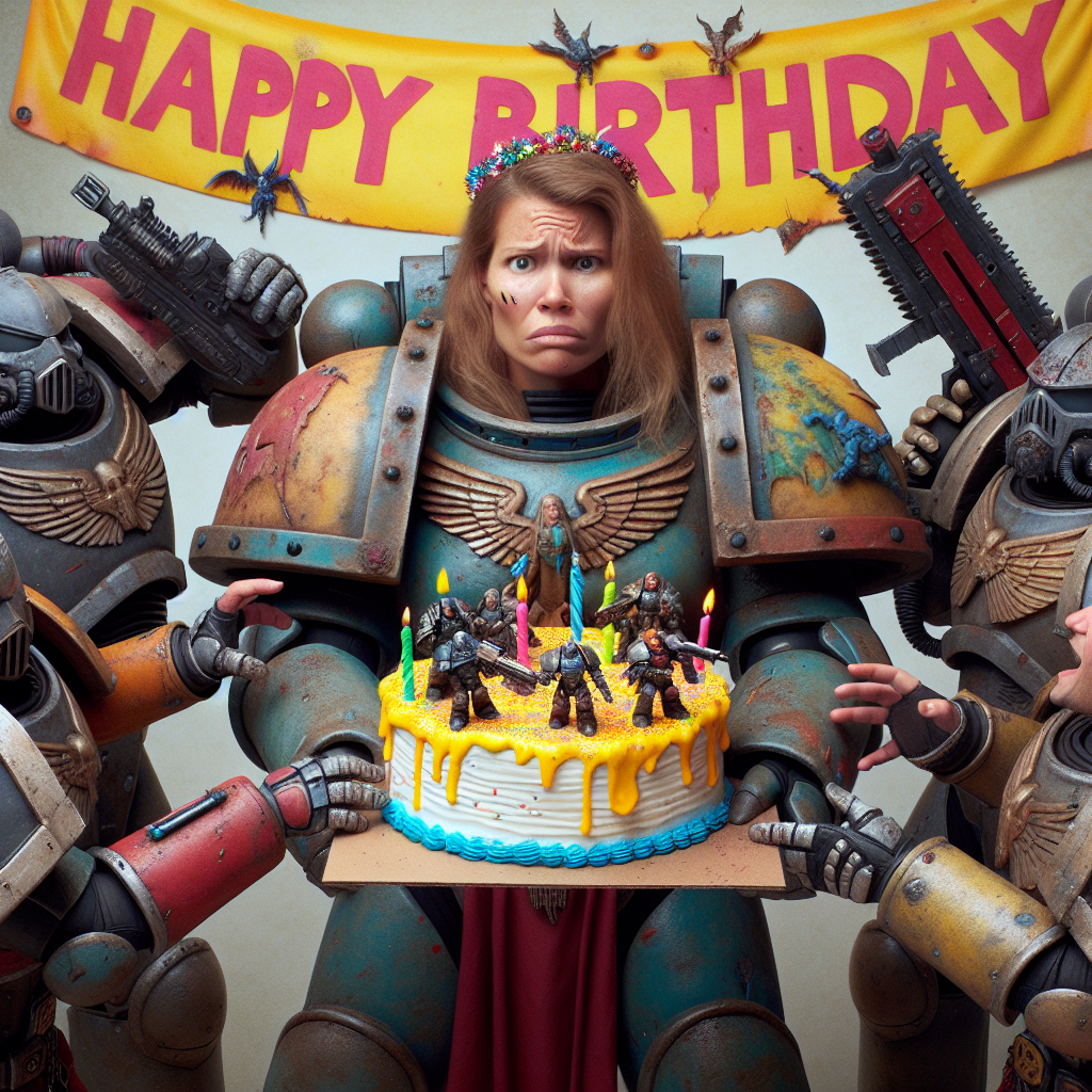 In a humorous parody of the genre, a heavily armored female warrior dressed in battle-scarred attire is surprised with a birthday cake by her comrades. The cake is adorned with brightly colored miniatures that allude to various warrior factions, a comedic juxtaposition to the gritty universe from which they originate. The warrior's stern features struggle to conceal her surprise and amusement. Behind her, a cartoonishly oversized 'Happy Birthday' banner further amplifies the light-hearted scene.
Generated with these themes: warhammer 40k.
Made with ❤️ by AI.