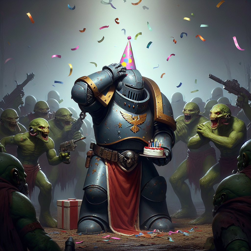 A comical birthday depiction set in a dark, war-stricken fantasy universe. The central character is a jovial armored warrior in festive gear, struggling to balance a small party hat atop his helmet, wearing a puzzled look. Surrounding him, a group of green-skinned humanoid aliens have temporarily suspended their combat actions. They are seen experimenting with party whistles and raining paper shreds overhead, unfamiliar but curious about the customs of human festivities.
Generated with these themes: warhammer 40k.
Made with ❤️ by AI.