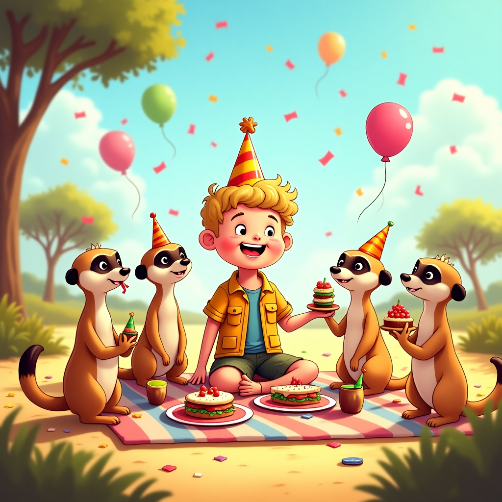 **Prompt:**  
At the top of the cartoon image: *"Let’s Meerkat-cha Birthday Party, Oscar!"*

A cute and colorful cartoon scene in a sunny savannah picnic setting. In the center, a cheerful 9-year-old boy named Oscar with short blond hair that's curly on top, wearing a bright birthday hat and safari-style shorts and shirt, is sitting on a picnic blanket surrounded by a gang of adorable, upright meerkats. They're all enjoying a wild and silly lunch together—tiny sandwiches, cupcake towers, fruit slices shaped like balloons, and fizzy juice served in coconut cups. One mischievous meerkat is cheekily trying to steal a slice of cake while another offers Oscar a party horn. Confetti falls from the sky and balloons shaped like number 9 float behind. Everything is vibrant, playful, and bursting with birthday fun!
Generated with these themes: 9 years old, Boy , Short blond hair, curly on top, Meerkat lunch, and .
Made with ❤️ by AI.