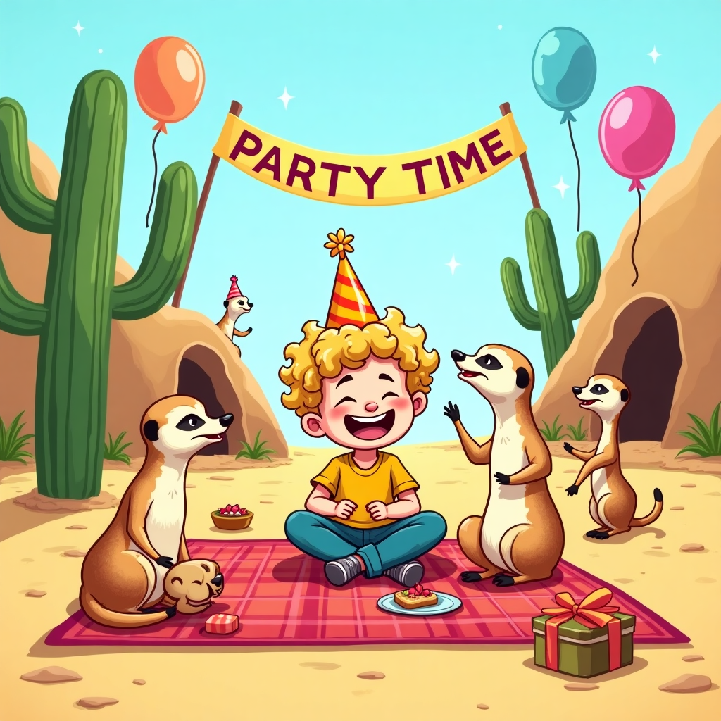 At the top of the cartoon image, "Happy 9th, Oscar — Hope Your Birthday’s More Meerkat Than Mildcat!"

A vibrant cartoon scene in a sunny desert setting where a cheeky gang of meerkats is having a birthday picnic. In the center, a smiling 9-year-old boy with short blond hair and curly locks on top (Oscar) is sitting cross-legged on a red-checkered picnic blanket, laughing as one mischievous meerkat balances a birthday cupcake on its nose while another swipes a sandwich. Oscar is wearing a bright party hat, and a few more party-hatted meerkats are popping out of nearby burrows, carrying tiny presents. In the background, colorful balloons are tied to cacti, and a banner that reads “PARTY TIME” flutters in the breeze. The whole scene is bursting with joyful, playful energy and quirky charm, with plenty of cute animal antics to delight.
Generated with these themes: 9 years old, Boy , Short blond hair, curly on top, Meerkat lunch, and .
Made with ❤️ by AI.
