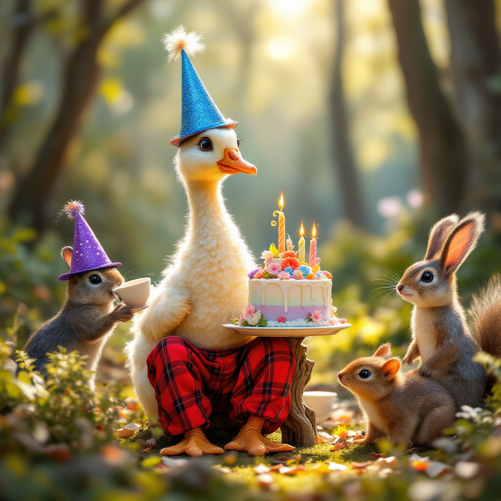 A silly baby goose wearing trousers and a party hat surrounded by other woodland creatures wearing party hats at a Tea party, Raccoon, Lego, and Birthday cake Birthday Card