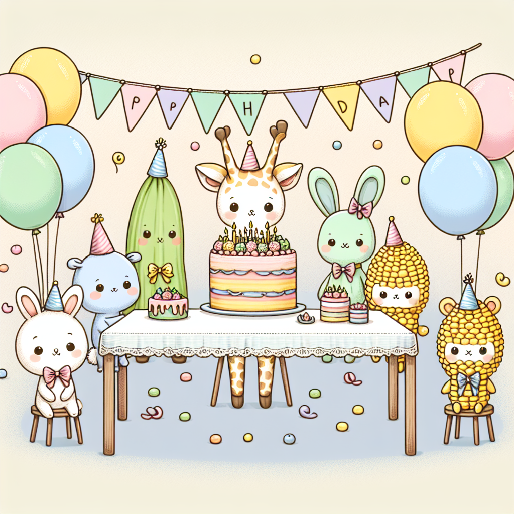 Create a whimsical birthday illustration primarily using pastel colors. Feature giraffes wearing party hats and bunnies holding balloons. In the background, place a festive banner fluttering above. Arrange a gathering of anthropomorphic sweetcorn and peas, each adorned with tiny bows and displaying cheerful expressions, around a table laden with a variety of cakes, ready to celebrate.
Generated with these themes: Giraffes, Bunnies, Sweetcorn, and Peas.
Made with ❤️ by AI.