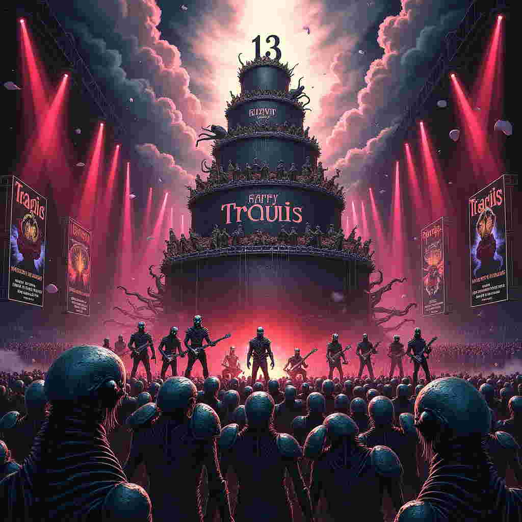 The card's cover bursts with an imaginative clash of the fantastical and the heavy metal universe. In the foreground, a group of Warhammer Tyranids is gathered, each creature uniquely detailed with their chitinous exoskeletons, barbed limbs, and alien features rendered with intricate line work reminiscent of Aubrey Beardsley's style. They stand with rapt attention, their multifaceted eyes fixated on the stage.

On the stage, members of Slipknot are mid-performance, decked out in their iconic masks and jumpsuits, each mask intricately detailed to capture their distinctiveness. The stage is lit with intense spotlights in vibrant hues of red and purple, casting dynamic shadows over the scene.

Above and around the stage, the background is adorned with large, hand-drawn posters advertising Machine Head and Lorna Shore concerts. These posters exhibit an old-school rock poster style, with bold typography and striking imagery, reminiscent of Maurice Sendak's whimsical yet sophisticated compositions.

Central to the scene, towering above the crowd, is an enormous birthday cake, extravagantly decorated. The cake has a dark, gothic design with rich, deep purples and blacks, accented with metallic silver icing, capturing the grandeur of a Maxfield Parrish landscape. Perched atop the cake, the number "13" is crafted in a grandiose gothic font, its surface glinting in the stage lights.

Amongst the crowd and stage elements, a banner stretches high above, like a cloud across the night sky, whimsically adorned in the Beatrix Potter fashion, with the name "Travis" hand-lettered in a bold, playful script that stands out against the complex scene.

The background features a dreamlike fusion of rock concert and fantasy world, with swirling clouds and strange, otherworldly flora, echoing the fantastical landscapes of Arthur Rackham. Every corner of the scene is filled with complex textures and detailed shading, drawing the viewer's eye into the layered depths of this metal-meets-fantasy birthday celebration.
Generated with these themes: Warhammer Tyranids at a concert, watching the band Slipknot. There are posters for the bands Machine Head and Lorna Shore. There is a big cake with the number 13 on top, and .
Made with ❤️ by AI.
