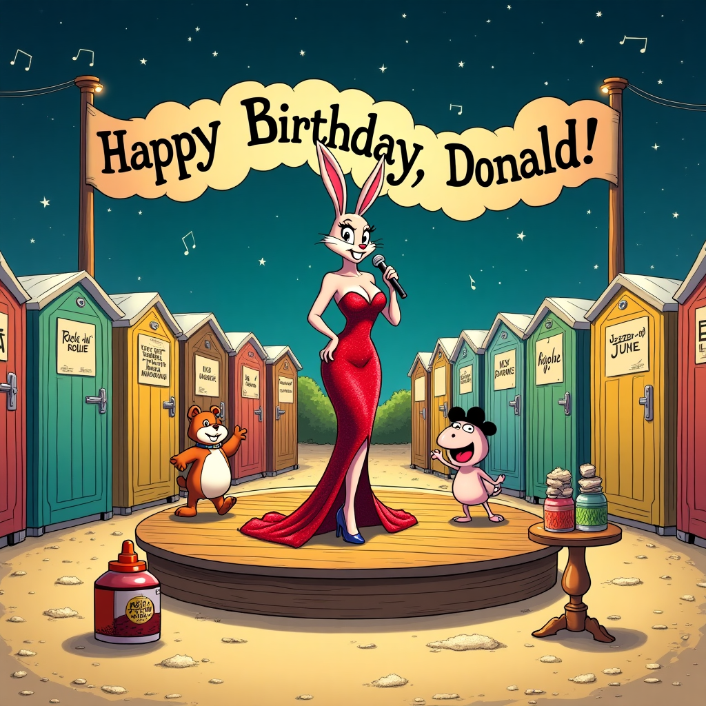 In the center of the scene, Jessica Rabbit stands confidently on an elevated wooden platform, reminiscent of a festival stage, holding a vintage-style microphone. She's dressed in her iconic red sequined gown, her sultry expression capturing the essence of a lively music festival performance. Around her, cartoon animals inspired by Charles Schulz's Peanuts, such as a dancing beagle and a joyful piglet, groove to the rhythm, adding a playful touch. In the foreground, rows of whimsical festival port-a-potties designed in a style reminiscent of Hergé's Tintin comics form a semi-circle, their doors painted in vibrant colors with comical signs like "Rock 'n' Roll Relief" and "Jazzed-Up John". To the side, a small, round table holds an assortment of odd items: an open glue bottle and rolled-up sheets of paper resembling tubes, hinting subtly at the sniffing theme without being explicit. Behind Jessica, a vast, starry sky is illuminated by a banner of clouds spelling out "Happy Birthday, Donald!" in bold, cheerful letters. The sky has a dreamy, almost Winsor McCay-like quality, dotted with constellations that subtly depict musical notes. Along the edges of the platform, lines of powdered sugar arranged to resemble musical staves subtly allude to the theme of lines, while remaining whimsically innocent. All these elements come together to create a rich tapestry of quirky festival charm, with Donald's name creatively woven into the festive celebration.
Generated with these themes: Jessica rabbit, Music festival, Toilets, Sniffing glue, and Lines of cocaine.
Made with ❤️ by AI.