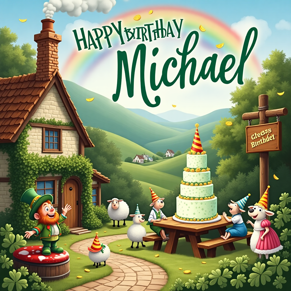 In this whimsical birthday card scene, envision a vibrant, bustling Irish village caught in the throes of a joyful celebration. In the foreground, a mischievous leprechaun with a twinkle in his eye juggles shamrocks while perched atop a large toadstool, his hat tipped jauntily to one side. To his right, a trio of sheep don party hats and dance a merry jig around a vintage wooden barrel, echoing a bit of Beatrix Potter’s endearing animal character style. Nearby, a cobblestone path leads to a quaint stone pub adorned with climbing ivy, its wooden sign humorously creaking with the weight of an oversized, frothy mug of ale. From the chimney, a plume of smoke spells out "Happy Birthday Michael" in a whimsical, cloud-like script that floats above the village. Inspired by Norman Rockwell’s knack for storytelling, villagers clad in traditional Irish attire gather around an enormous birthday cake set on a rustic picnic table. The cake, a towering confection adorned with green frosting and gold coins, prominently features Michael’s name sculpted from icing on its top tier. In the background, a lush emerald landscape, dotted with tiny white cottages, extends towards rolling hills reminiscent of Maxfield Parrish’s dreamy vistas, where a rainbow arches gracefully across the sky, adding a touch of magic to the festive atmosphere.
Generated with these themes: Irish.
Made with ❤️ by AI.