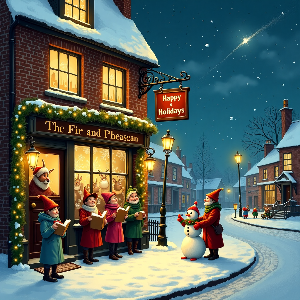 The scene unfolds on a whimsical, snowy Christmas Eve in front of a charming, old-fashioned Wetherspoons pub, its rustic brickwork festooned with twinkling fairy lights and a garland of evergreen boughs. The snow is falling gently, blanketing the cobblestone street and rooftops with a glistening layer of white. In the foreground, a jovial group of carolers, clad in Victorian-era clothing reminiscent of a Norman Rockwell painting, are gathered around the pub's entrance, their songbooks held high. The pub’s wooden sign swings above them, cheerily proclaiming the establishment as "The Fir and Pheasant," with the names "Lynne & Rob" cleverly etched into the frosty window behind them, surrounded by delicate snowflake patterns.

Aubrey Beardsley-inspired intricacies decorate the window frame, creating a touch of elegance with their black and white scrollwork. In the background, Maurice Sendak-like whimsical characters — perhaps a few tipsy elves and a cheeky reindeer — peer out from the pub's doorway, raising frothy mugs of hot cider in festive cheer. The reindeer wears a festive wreath around its neck, a nod to Arthur Rackham's attention to detail, while the elves sport comically large woolen hats, their expressions captured in Quentin Blake's lively style.

At the side of the pub, a Beatrix Potter-esque scene unfolds with a family of rabbits in cozy scarves and hats, building a snowman under a streetlamp that casts a golden glow reminiscent of N.C. Wyeth's vibrant color palette. Above the scene, the night sky swirls with Maxfield Parrish-inspired clouds, painted in enchanting blues and purples, with a shooting star streaking across the horizon, leaving a trail of sparkling magic.

Finally, a banner strung between two lamp posts reads "Happy Holidays Lynne & Rob" in bold, festive letters, as Edward Gorey's subtle humor peeks through with the inclusion of a small, mischievous ghost peeking out from behind one of the posts. The illustration is completed with Gustave Doré-inspired detail in the shadows and textures, giving depth to the snowy landscape and inviting the viewer to step into this delightful, humorous, and bustling Christmas card scene.
Generated with these themes: Wetherspoons pub.
Made with ❤️ by AI.