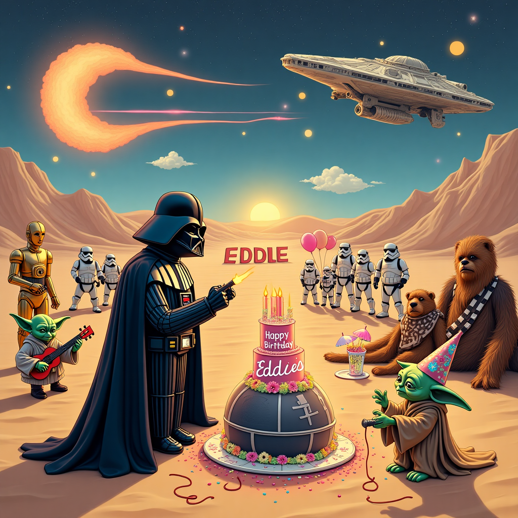 The cover of this quirky birthday card unfolds on a comical intergalactic birthday party scene, set on a desert-like planet reminiscent of Tatooine. In the foreground, we see Darth Vader, not in his usual menacing stance, but attempting to blow out the candles on a whimsical, towering birthday cake that's humorously shaped like the Death Star. The cake is topped with a playful hologram of "Happy Birthday Eddie!" projected by R2-D2, who sits to the side beeping joyfully. 

Behind Vader, several familiar Star Wars characters are gathered in a festive arrangement. Yoda, wearing a tiny party hat, is trying to attach a "Pin the Tail on the Bantha" game on a large sand dune. Chewbacca, donning a garland made of intergalactic flowers, is playing a ukulele fashioned from space junk, adding to the merriment. C-3PO stands awkwardly, holding a tray of vibrant drinks with neon-colored space umbrellas. 

To the left, a group of stormtroopers is participating in a hilarious tug-of-war with Ewoks, using a stream of red laser beam ropes. The sky is filled with fluffy, cotton-candy-like clouds, shaped artistically into letters spelling out "Eddie" with the Millennium Falcon casually zooming past, trailing a banner that reads "The Force is Strong With This One!"

In the background, there's a bustling barbecue pit where a Jawa is flipping "Yoda Soda" burgers, and the sand-colored terrain is littered with party balloons and confetti that glisten like star bits. The entire scene is framed by two majestic twin suns setting, casting long, comedic shadows that stretch across the sand, creating a playful and vibrant space odyssey dedicated to Eddie's special day.
Generated with these themes: Darth vader.
Made with ❤️ by AI.