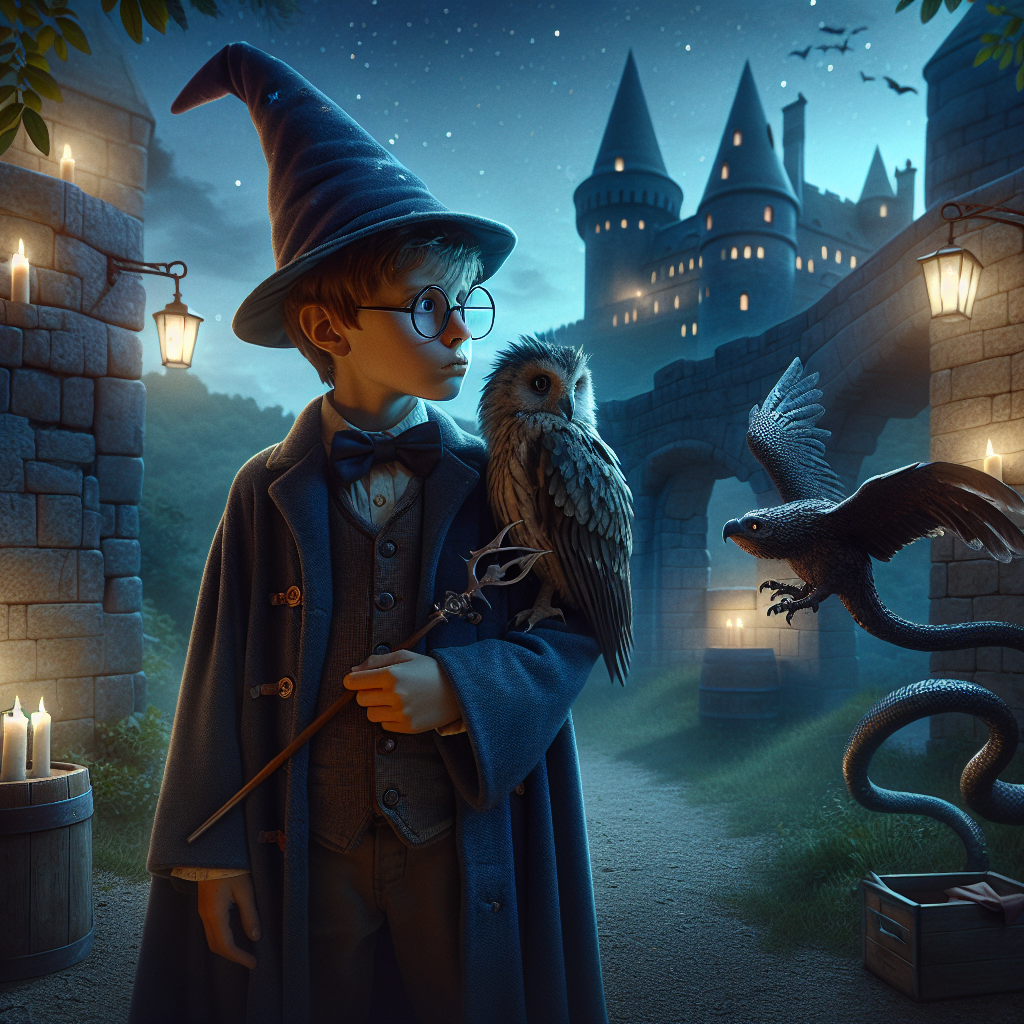 A silently enchanting birthday scene set in an ancient castle during twilight, dappling it with gentle shades of dusk. A young boy with glasses wears a wizard outfit, showing deep thought as he carries an otherworldly bird on his shoulder, with both their attention directed forward. Nearby, a mythical wyrm twists around one of the castle towers, with its armored hide glittering in the residual glow of the day's end.
Generated with these themes: Hogwarts, Harry potter, Owls, and Dragon.
Made with ❤️ by AI.
