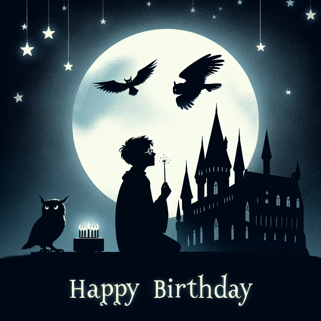 Under a moonlit sky, the silhouette of an ancient gothic-style magical school provides a serene backdrop for a tranquil birthday scene. A lone young wizard, characterized by his glasses and a unique scar, holds his wand in hand, reflecting thoughtfully on an owl soaring above. A shadowy, mythical creature resembling a dragon is perched along the school's battlements, melding into the dark tones of the night.
Generated with these themes: Hogwarts, Harry potter, Owls, and Dragon.
Made with ❤️ by AI.