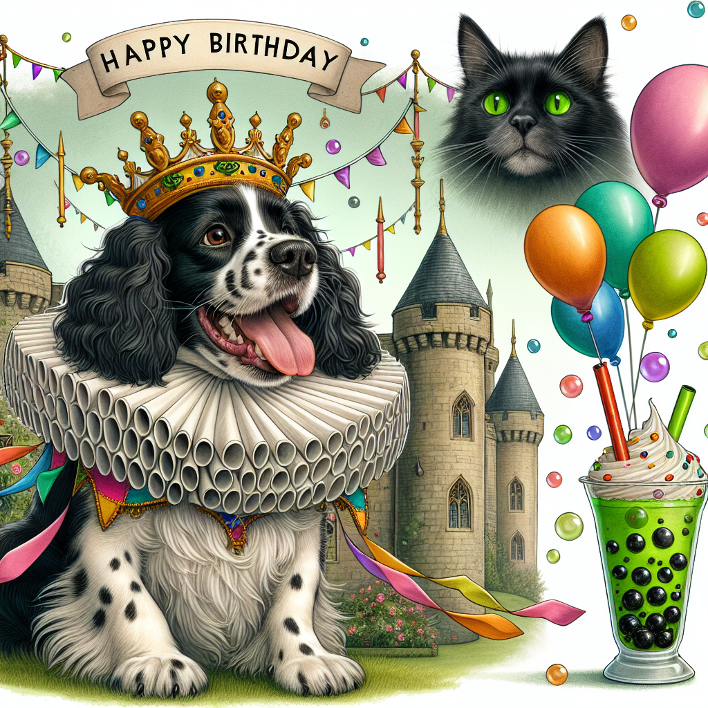Create a whimsical birthday illustration that displays a joyful Springer Spaniel dog wearing an attention-grabbing Tudor-era style ruff collar. The dog is sitting proudly in front of a stately castle. A mysterious all-black cat, having captivating green eyes, is perched atop the castle wall, observing the events below with interest. Bright and colorful streamers are flowing from the castle turrets, coexisting harmoniously with floating bubbles, indicating a playful connection to a bubble tea theme. The entire scene is steeped in a festive yet historical ambience, making it attractive to both animal lovers and fans of the Tudor period.
Generated with these themes: Springer spaniel, All black cat, Bubble tea, The tudors, and Castles.
Made with ❤️ by AI.