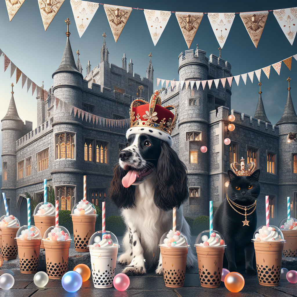 Create an image that visualizes an exuberant birthday celebration set in an enchanted castle reminiscent of the grand Tudor era. The primary focus in the foreground is a playful Springer Spaniel dog wearing a festive birthday hat, enjoying among scattered bubble tea cups. Situated nearby, a sleek all-black cat equipped with a miniature crown emits a royal vibe. The castle's stone exterior is embellished with decorative banners and balloons that seamlessly harmonize elements of ancient architecture and contemporary celebration.
Generated with these themes: Springer spaniel, All black cat, Bubble tea, The tudors, and Castles.
Made with ❤️ by AI.