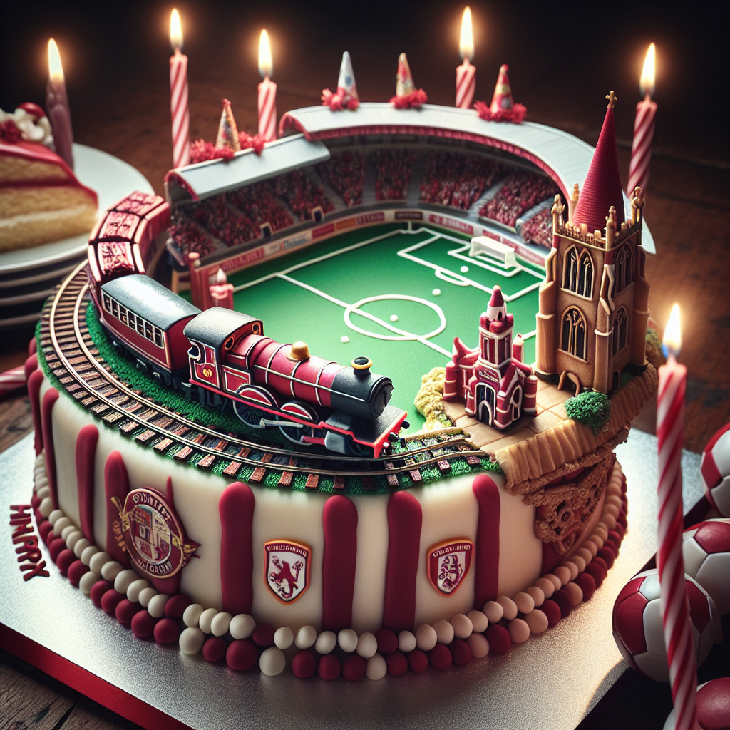 Create a delightful and vibrant image depicting a birthday scene. The centerpiece of this celebration is a miniature train painting a picture of ceaseless motion along a circular track, decorated with shades of deep red and immaculate white, reminiscent of the local football club's colors. A corner of the table is dedicated to the sport of football, boasting a realistic mini football field complete with goal posts. An intricately designed replica of a renowned church local to Swindon, serves as an inspiring birthday cake topper, symbolizing the celebrant's local pride. The melted wax of birthday candles casts a warm glow across the scene, visually punctuating the festive ambiance.
Generated with these themes: Trains, Football, Church, and Swindon town.
Made with ❤️ by AI.