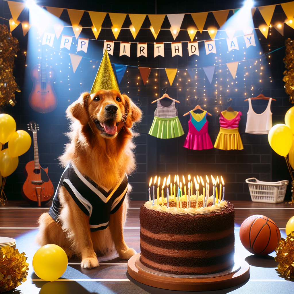 Create an image of a joyous birthday setting. The scene is centred on a cheerful golden retriever wearing an unidentifiable musical theater costume. The dog is in the middle of a stage, basking under a focused spotlight. The stage is adorned with festive decorations in different shades of yellow, suggestive of a vibrant, joyful mood. To one side of the stage, there is a collection of athletic equipment including a netball, emphasizing a sports theme. In the foreground, a large, appealing chocolate cake stands ready for the celebration, its candles flickering merrily.
Generated with these themes: Musical theatre, Netball, Athletics, Golden retriever, Yellow, and Chocolate cake.
Made with ❤️ by AI.
