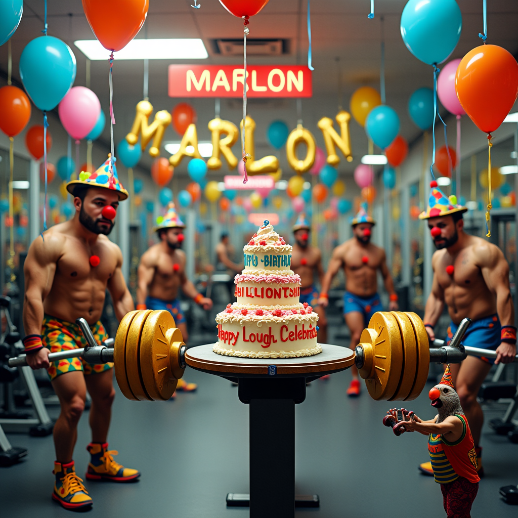 The scene is set in a quirky, bustling gym that has been whimsically transformed into a birthday celebration for Marlon. Picture a room brimming with colorful helium balloons tethered to each weight machine, bobbing with each rep. In the center, an oversized, comically decorated birthday cake sits atop a bench press, with the words "Happy Birthday MARLON" written in vibrant icing across the top tier. The cake is shaped like a dumbbell, with thick, chocolaty weights on either side.

To the left, a group of muscular clowns in bright, multicolored gym gear are engaged in a synchronized weight-lifting routine. They’re lifting exaggeratedly oversized candy weights, striped like classic peppermint candies. Above, a banner crafted from golden kettlebells spells out "MARLON" in bold letters, hanging from the ceiling with bright blue ribbons that cascade down like a waterfall of cheer.

In the background, a wall of mirrors reflects the spectacle, creating an infinity effect with repeating images of the festive chaos. On the mirrors, a neon sign flickers, flashing "Lift, Laugh, Celebrate!" A giant, smiling anthropomorphic barbell stands beside the water cooler, offering cups of protein shake to a line of eagerly waiting party-goers dressed in workout-themed party hats shaped like mini dumbbells. 

Finally, a dog wearing a tiny tank top with the word "SPOT" emblazoned on it is attempting to lift a tiny set of weights with its paws, its tongue lolling out in pure canine joy, while a parrot perched on a stationary bike shouts, "Go Marlon, Go!" completing this unique birthday extravaganza.
Generated with these themes: Lift weights .
Made with ❤️ by AI.