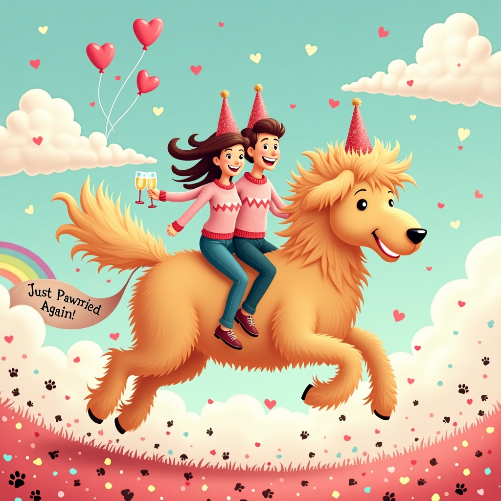 **Image Prompt:**

At the top of the illustration image: *“Steph, Happy Annifur-sary — You’ve Still Got That Puppy Love!”*

A whimsical, cartoon-style illustration showing a couple in anniversary outfits—sparkly party hats and matching heart-patterned sweaters—riding majestically atop a gigantic, fluffy golden doodle with a proud, windswept mane. The doodle gallops dramatically across a surreal, love-themed landscape: heart-shaped balloons floating in the sky, confetti clouds, and a rainbow trail behind the dog’s tail. The couple clings to the doodle’s fur like it’s a noble steed, holding tiny champagne glasses, laughing with windblown hair, while the doodle looks ridiculously pleased with itself. Little paw prints scatter across the background, forming hidden heart shapes, and a “Just Paw-ried Again!” flag trails from the doodle’s collar.
Generated with these themes: Riding a golden doodle .
Made with ❤️ by AI.