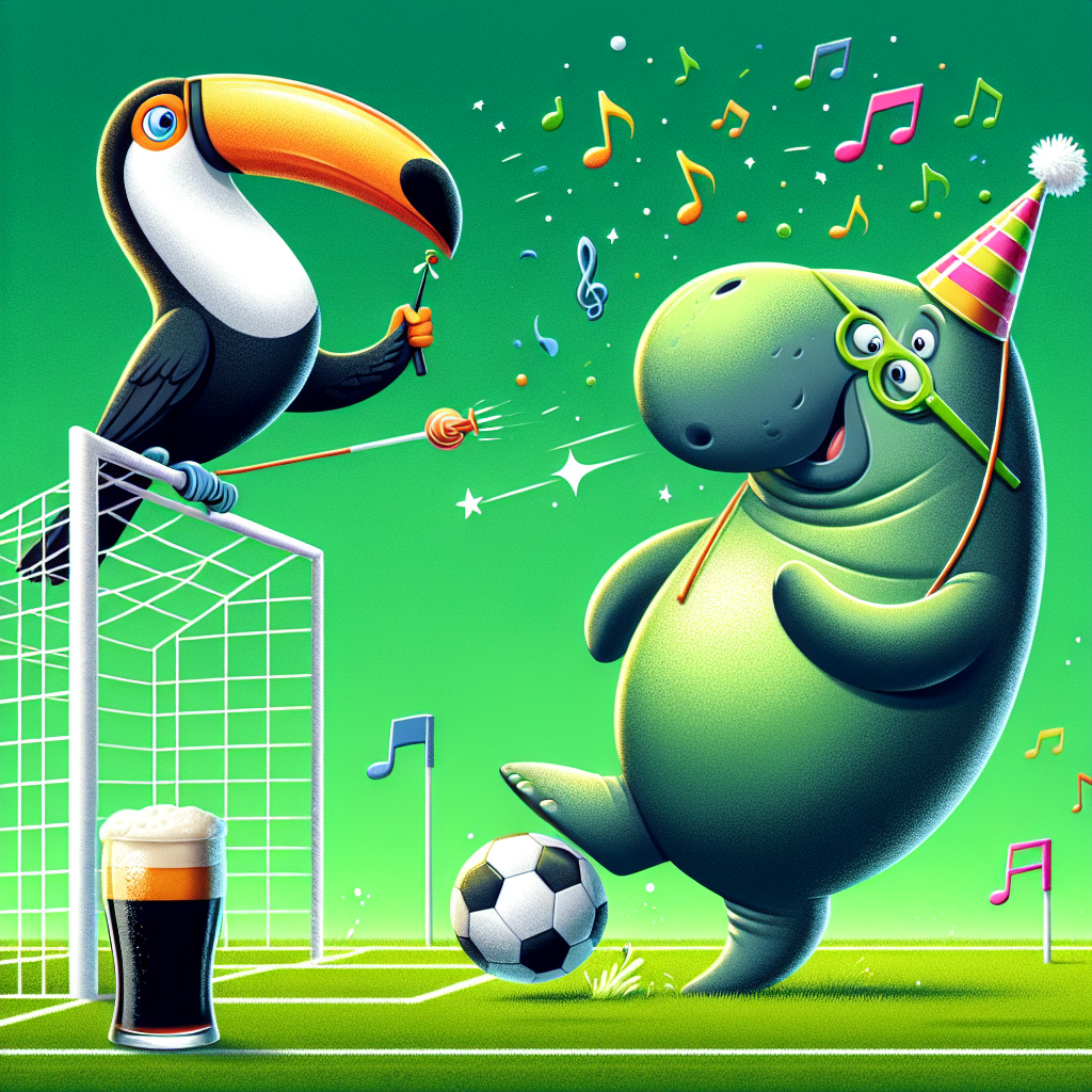 Create a fun and joyous birthday celebration in an illustration showing an unconventional soccer match on a vibrant green field. A jolly toucan, acting as referee, should be perched high above the field on a goalpost, with a whistle eagerly held in its beak. In this match, a jubilant manatee is the star player, wearing a party hat, and cleverly dribbling the soccer ball with an unanticipated finesse, showing that the celebration is not just for humans but also our aquatic friends. In the close vicinity, carefully place a frothy pint of a dark stout on a small table, indicative of the celebratory mood. To fill the atmosphere with a rhythmical vibe, sprinkle the air with floating musical symbols, signifying a lively birthday music in the background.
Generated with these themes: Soccer, Toucan, Manatee, Guinness , and Music.
Made with ❤️ by AI.
