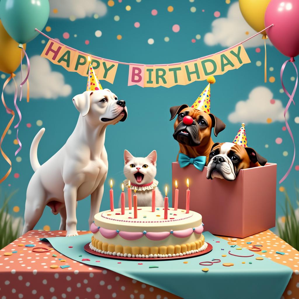 The scene takes place outdoors with a sky-blue background dotted with fluffy white clouds. In the center, a large, round, colorful birthday cake adorned with candles sits on a table draped in a vibrant, polka-dotted tablecloth. The table is strewn with confetti and balloons. An all-white Boxer dog with a party hat tilted on its head stands to the left of the cake, its tail wagging excitedly. To the right of the cake, there's a brown Boxer dog wearing a red clown nose and a blue bow tie, playfully poking its head out of a large gift box. In front of the cake, a brown and white English bulldog donning a ruffled collar is seen laughing with its tongue out, as if mid-bark. An all-white cat with a cone-shaped party hat perched on its head is sitting behind the cake, its tail curled neatly around its paws. The background is further enhanced with streamers and a 'Happy Birthday' banner hanging above the festive ensemble.
Generated with these themes: 1 All White Boxer dog, 1 Brown Boxer dog, 1 brown and white English bulldog, and All White cat.
Made with ❤️ by AI.