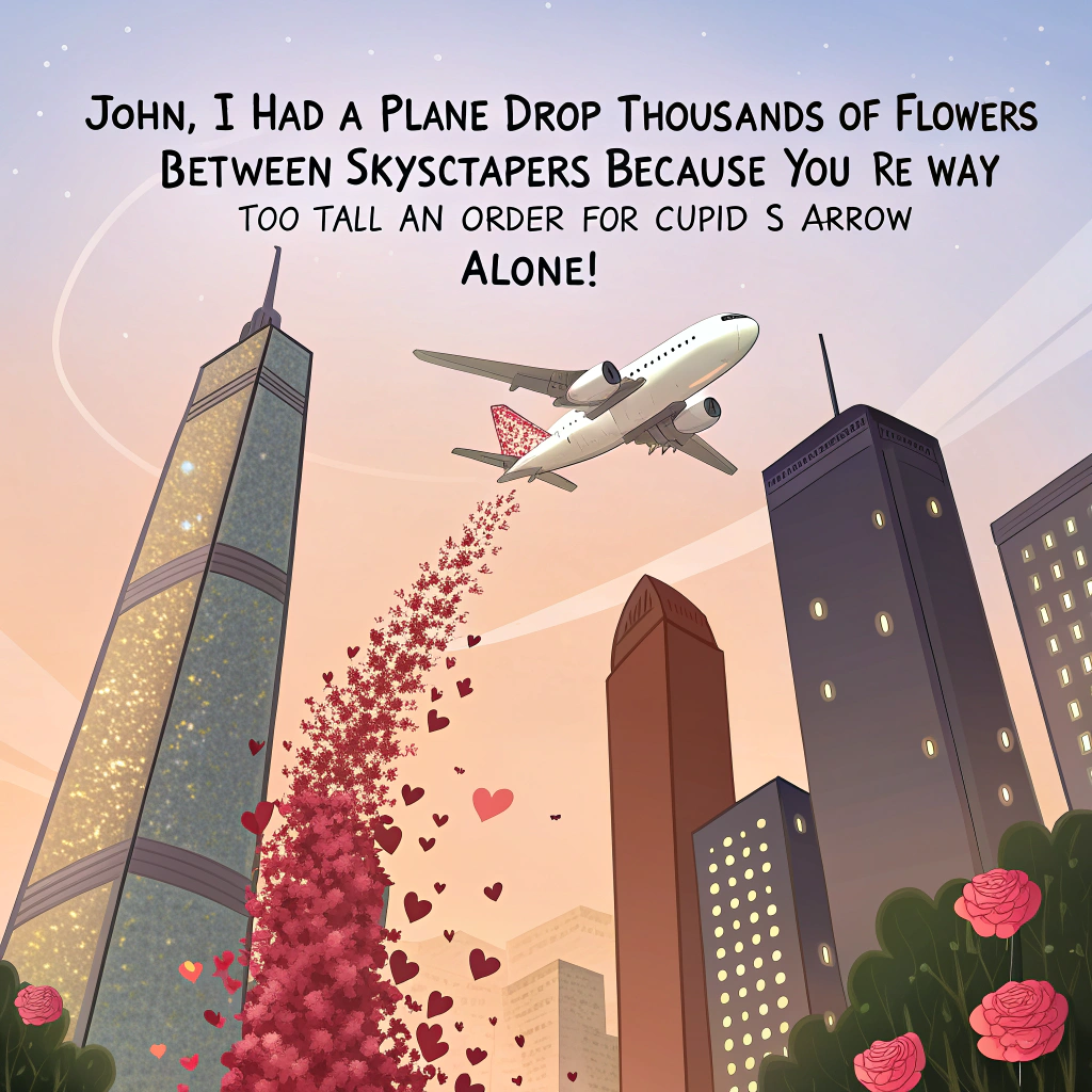 At the top of the realistic photograph image, "John, I had a plane drop thousands of flowers between skyscrapers—because you’re way too tall an order for Cupid’s arrow alone!"  

- The image shows a large commercial airplane soaring through a clear blue sky over a modern city skyline.  
- The plane is dramatically releasing a massive cascade of red and pink flower petals from its cargo bay, which float down between two towering skyscrapers.  
- The buildings have a slightly romantic lighting effect as the petals descend like confetti.  
- Below, a small crowd gazes up, confused and charmed.  
- Bonus visual gag: One window of a skyscraper has a grumpy man covered in petals, sipping coffee with a “World’s Okayest Valentine” mug.
Generated with these themes: A big plane dropping flowers at two big sky scrapers .
Made with ❤️ by AI.