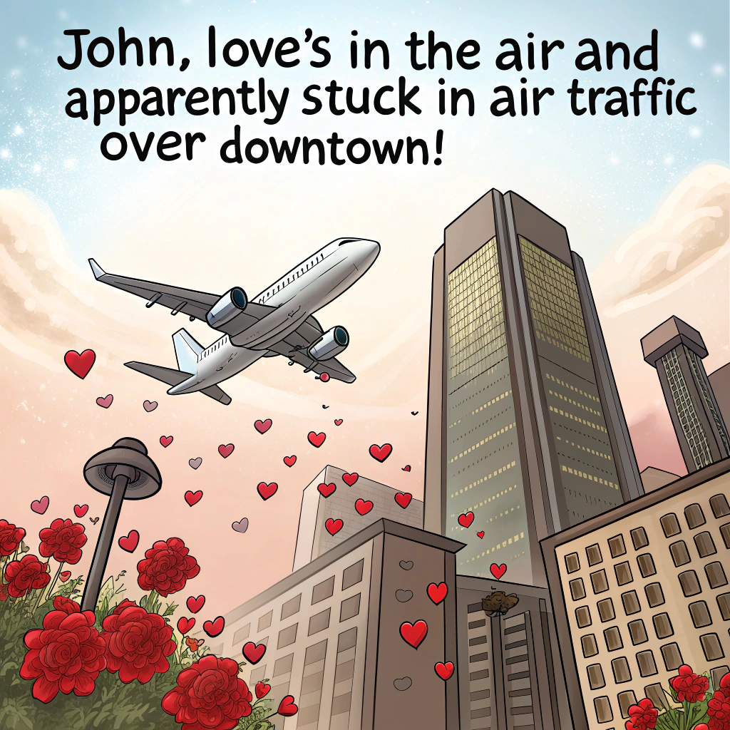 At the top of the realistic photograph image, "John, love's in the air — and apparently stuck in air traffic over downtown!"

- The image shows a large, realistic plane soaring above a city skyline, mid-flight, releasing a dramatic cascade of red roses and heart-shaped petals.
- Two tall, gleaming skyscrapers stand prominently beneath the plane, and the flowers appear to be awkwardly landing on the buildings’ antennas, ledges, and windows, with some petals humorously plastered to office windows and confused pigeons fluttering away.
- The background features a crisp blue sky with fluffy clouds shaped like hearts.
Generated with these themes: A big plane dropping flowers at two big sky scrapers .
Made with ❤️ by AI.