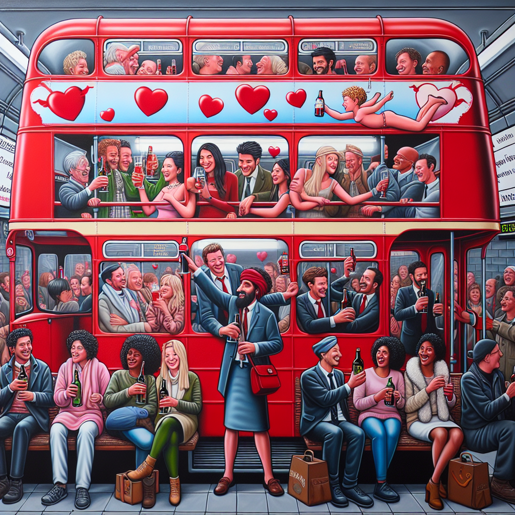 Imagine a cheerful Valentine's day scene located in the bustling city of London. Picture the iconic red buses, now adorned with playful cupid decals that give them a festive feel. On the upper decks, diverse groups of people are seen toasting with local ciders and wines, their laughter echoing around them. Meanwhile, in the Underground, the atmosphere is brimming with social energy. South Asian men and Middle-Eastern women, Black and Caucasian individuals alike, all engage in lively chatter, their conversations about romantic mishaps and impromptu poetry readings blending with the mechanical hum of the trains. All of this occurs amid the endearing chaos of England's capital.
Generated with these themes: London underground trains buses cider wine socialising.
Made with ❤️ by AI.