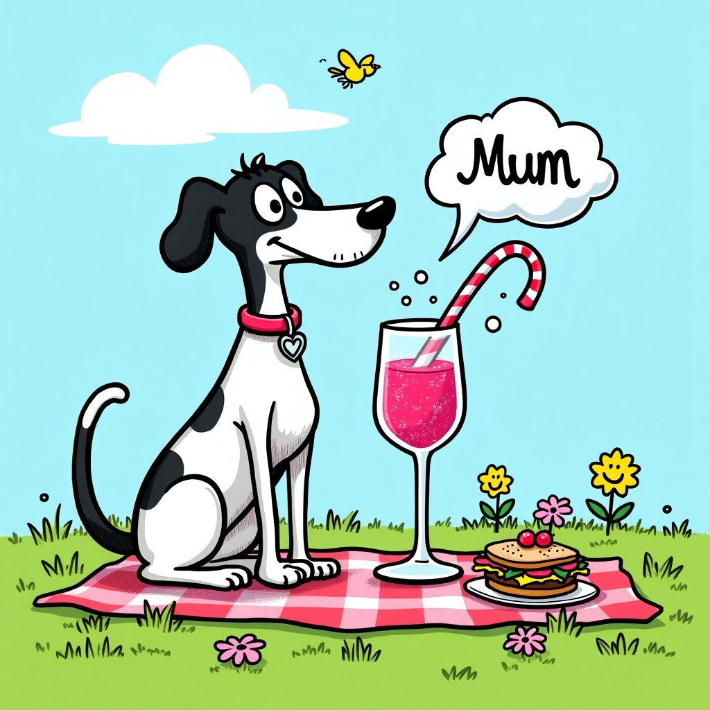 The front cover of the Mother's Day greeting card features a lively and exaggerated cartoon scene that takes inspiration from the whimsical and colorful style reminiscent of Charles Schulz and Bill Watterson. At the center, there's a black and white whippet with oversized, playful eyes and a comically long snout. The whippet is sitting elegantly on a grassy patch, wearing a vibrant pink collar adorned with a small silver heart charm.

In front of the whippet, there's a tall, exaggeratedly wobbly glass of sparkling rose lemonade, fizzing energetically with oversized bubbles floating upwards. The lemonade is a vibrant pink with subtle hints of glitter, giving it a magical feel. The straw in the glass is striped with alternating shades of pastel pink and white, coiling whimsically in an unexpected spiral shape.

The background is a vivid cartoon landscape, with a clear blue sky and fluffy white clouds drifting lazily. In the sky, a small, fluffy cloud forms the word "Mum" in a playful, cursive script. A couple of cheerful birds, resembling characters from a Walt Disney animation, flit around the scene, adding dynamic movement.

The ground is a lush, cartoonish green with exaggerated blades of grass popping up in different directions. Scattered around are a few oversized, brightly colored flowers with smiley faces, taking inspiration from the cheerful details seen in Hergé's work.

A small, red and white checkered picnic blanket is spread out to the side, with a few cartoonish objects like a sandwich with a face and a piece of cake with sprinkles, whimsically interacting as if they're animated characters themselves.

The entire scene is outlined in bold, black lines, emphasizing the cartoon style, and the colors are bright and vibrant, creating an inviting and lively image perfect for celebrating Mother's Day in a fun, unique way.
Generated with these themes: Black and white whippet with a pink collar drinking rose lemonade, and .
Made with ❤️ by AI.