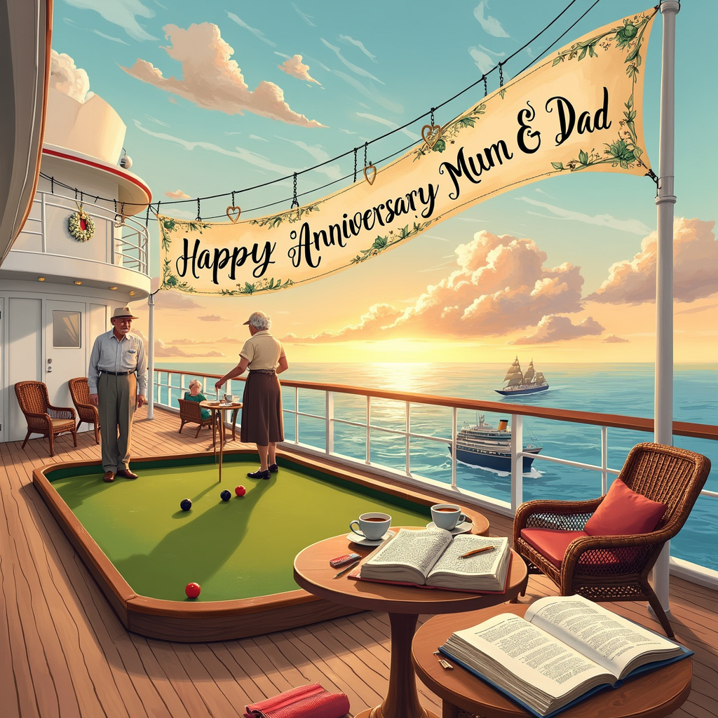 Cruises, Crown green bowls, Crosswords, Coffee, and Reading Anniversary Card