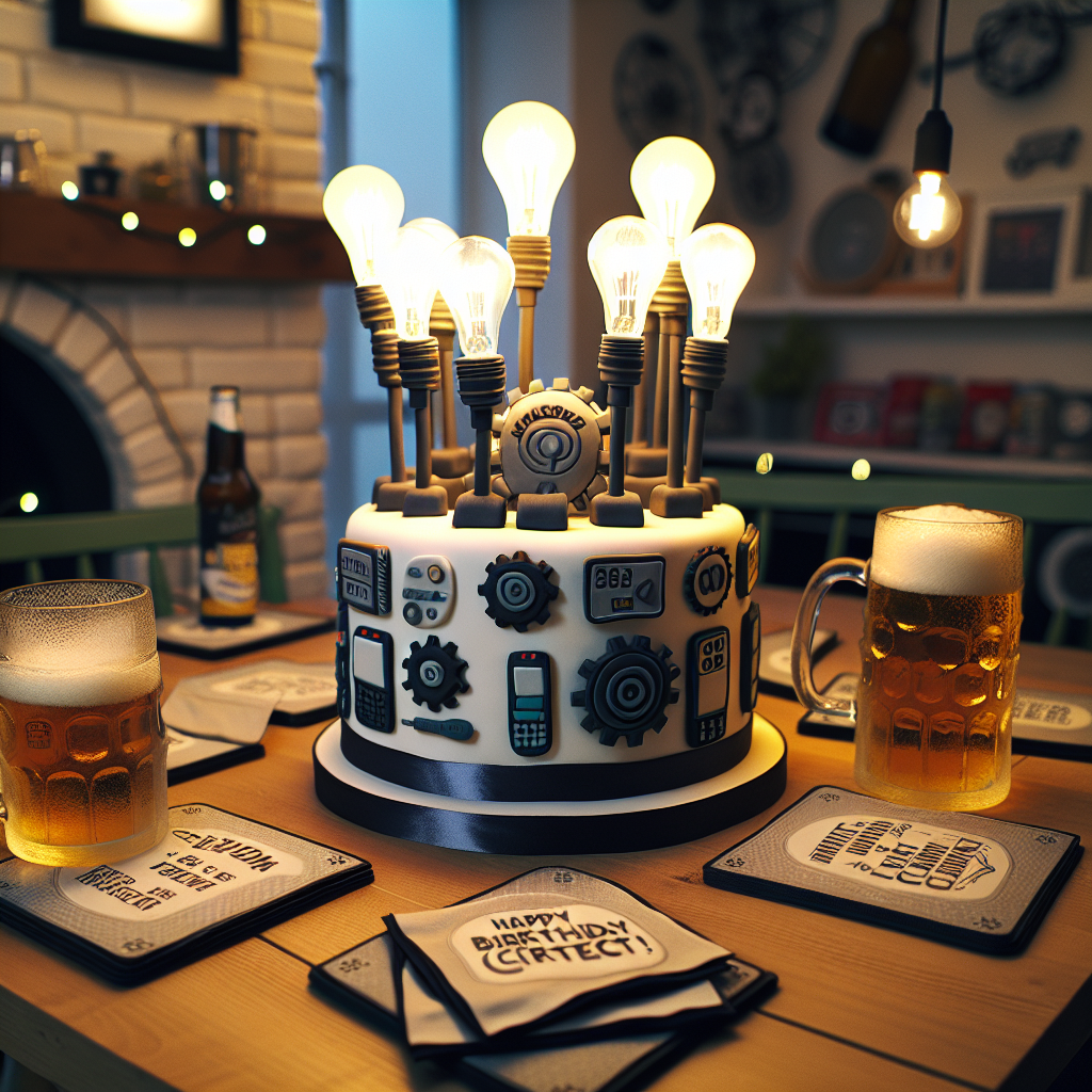 Illustrate a comfortable birthday celebration setting with a contemporary influence. The centerpiece is a polished, gadget-themed cake crowned with detailed fondant tech symbols and decorative mugs of beer. The environment exhibits a sense of fun refinement, with coasters and napkins decorated with humorous phrases that honor the pleasure of 'being correct.' Intelligent light bulbs radiate a warm light, setting the atmosphere for a night that marries the warm traditions of a classic celebration with the thrill of modernity.
Generated with these themes: Technology, Beer, and Being right.
Made with ❤️ by AI.