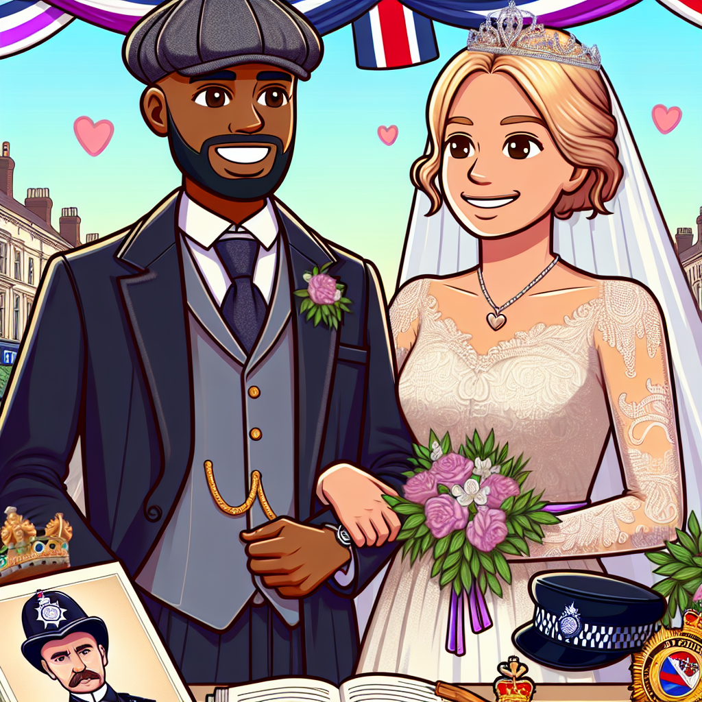 Create a whimsical, colourful cartoon portrayal of a cultural wedding in the West Midlands, Dudley. The groom, a Black man with a meticulously shaped beard, exudes sophistication in an early 20th-century-themed attire, referencing the style of the popular British period drama, Peaky Blinders. His partner, a Hispanic woman with radiant blonde hair, is resplendent in a stunning wedding dress. The celebration scene incorporates elements reflecting the groom's profession as a police officer with decorative symbols representing his custodial duties. Present this unique blend of local flair and professional pride against the backdrop of a quaint, animated Dudley wedding setting.
Generated with these themes: Police, Wedding dress, Custody, West midlands, Dudley, Peaky blinders , Beard, and Blonde.
Made with ❤️ by AI.
