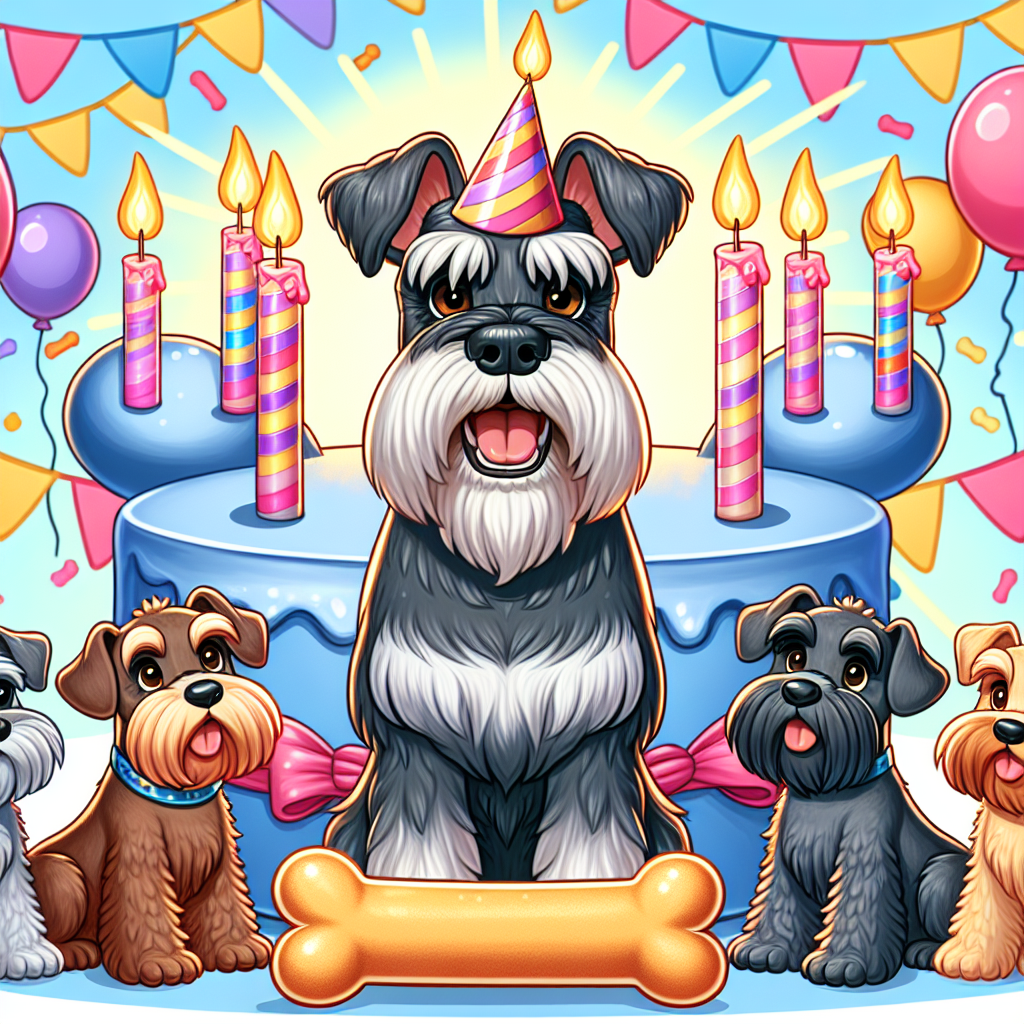 Create a cartoon imagery of a lively birthday celebration. The key attendee at the center of the festivities is an adult Schnauzer dog with a regular body size and a stunning coat of black, grey, and tan colors. Additionally, the Schnauzer's brown eyes are gleaming with joy beneath a small, festive party hat. This delightful Schnauzer, surrounded by amiable companions, stands with pride in front of a massive, bone-shaped birthday cake, adorned with candles. The background is festooned with colorful streamers and balloons, giving a vibrant look to the party.
.
Made with ❤️ by AI.