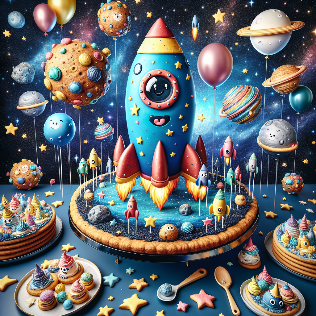 Visualize a vibrant scene filled with enthusiastic space exploration and birthday festivity in a cartoon style. Imagine rockets adorned with cheerful faces and party hats thrusting through the deep blue cosmic backdrop speckled with far-off stars and galaxies. A colossal biscuit styled like a rocket becomes the main event, adorned with delectable icing and multicolored sprinkles. Around it, smaller cookies mimicking asteroids and stars rest on serving platters, giving an illusion of orbiting the central sweet delicacy. Terrestrial balloons bobbing near tiny satellite replicas enforce the birthday theme amongst the heavenly environment.
Generated with these themes: Rockets , Space, and Biscuits .
Made with ❤️ by AI.