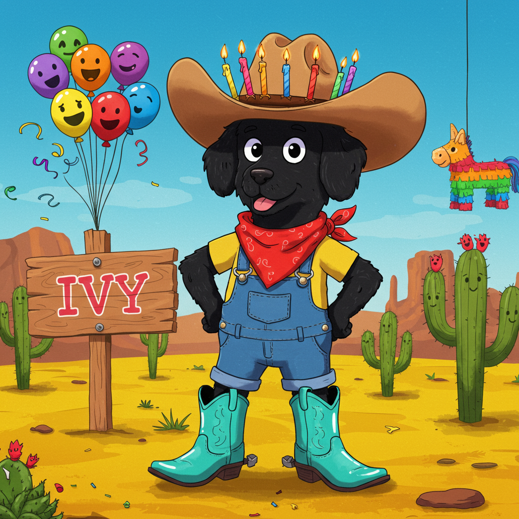Visualize a vibrant, cartoon-style birthday scene that blends the playful exuberance of Charles Schulz and Bill Watterson, with the whimsy of Winsor McCay's dreamscapes.

In the center of the card, a jubilant cowboy black dog stands on two legs, striking a heroic pose. This dog is wearing an oversized, exaggerated cowboy hat—imagine a comically large, tan Stetson that nearly covers its expressive cartoon eyes. The hat is adorned with colorful birthday candles instead of a regular band. The dog's ears peek out, exaggerated and flopping to the sides like a pair of black velvet curtains. 

The dog is clad in a bright red bandana around its neck, and a pair of blue denim overalls—one of the straps amusingly undone—revealing a bright yellow T-shirt beneath. Its paws are tucked into comically large, shiny cowboy boots that are an outrageous, eye-catching turquoise, exaggerated for comedic effect.

In the background, a western-themed birthday scene unfolds. The ground is a rich, sandy yellow, reminiscent of a cartoon desert. Dotted around are cacti with multicolored balloons tied to them, swaying in the imagined breeze. These balloons are a kaleidoscope of colors—red, blue, green, and purple—with small, cartoonish faces drawn on them, inspired by Gary Larson's wit.

A rustic wooden signpost protrudes from the ground, with the name "Ivy" painted in bold, bright pink letters across its planks, outlined in a vivid lime green for an extra pop. The sign is nailed to a cartoonish piece of rope leading to a hovering, wildly vibrant piñata shaped like a giant, smiling horse, striped in vivid oranges and greens. This piñata hangs mid-air, ready to be broken.

Above, the sky is a gradient of azure to cerulean, dotted with fluffy white clouds shaped like silly cartoon animals, inspired by the playful imaginations of Osamu Tezuka. The sun, an oversized yellow orb, wears sunglasses and a cheeky grin, casting exaggerated, playful rays across the scene, ensuring everything is bathed in warm, comic brilliance.

The edge of the card is bordered by a strip of cartoon desert flora, with exaggerated, bulbous succulents and small animated critters peeking out, adding an additional layer of delightful chaos to this lively birthday gathering.
Generated with these themes: Cowboy black dog.
Made with ❤️ by AI.