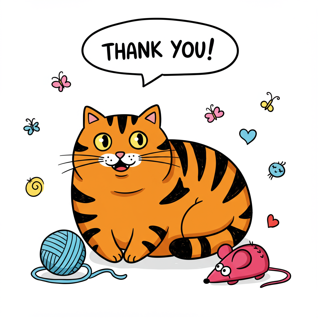 The front cover of this quirky thank-you greeting card bursts with a lively, cartoonish scene inspired by the charm of classic comic artists. At the center of the card is a plump tabby cat with orange and black stripes, akin to a mischievous feline version of Charles Schulz's Snoopy or Bill Watterson’s Hobbes, lounging on a simple white background. The cat's fur is a riot of exaggerated, wavy lines, reminiscent of R. Crumb's bold and intricate style, with each stripe accentuated in a deep black for a whimsical touch.

The tabby's face is comically expressive, featuring oversized, almond-shaped eyes that twinkle with an exaggerated gleam, and a pink, heart-shaped nose. Its ears are perked up with curiosity, and its mouth is a wide, cartoonish grin, revealing two prominent, buck teeth, a playful nod to Winsor McCay’s animated creatures.

Around the cat, a scatter of oversized, brightly colored objects populates the scene: A sky-blue ball of yarn, so large it seems almost like a soft planet, entices the cat's paw. Next to it, a magenta toy mouse with exaggerated, googly eyes appears as though it’s scuttling away in mock terror. These objects, with their bold outlines and solid colors, echo the clarity of Hergé’s Tintin series.

The background remains a pristine white, enhancing the vividness of the colorful elements. Above the tabby cat, floating as if it’s part of the feline's daydream, is a comic-style speech bubble. The bubble is outlined in thick black and filled with the words “Thank You!” in an energetic, hand-drawn font that mimics the joyful flair of Disney’s animated scripts.

Tiny accents like small, fluttering cartoon butterflies and whimsical, spiraling swirls in pastel hues add a touch of Gary Larson’s surreal humor to the white space, creating an environment that feels both playful and expansive.

Overall, this card design merges elements of whimsy, boldness, and classic comic artistry to create a vibrant and humorous tableau that encapsulates a lively expression of gratitude.
Generated with these themes: tabby cat with a white background .
Made with ❤️ by AI.