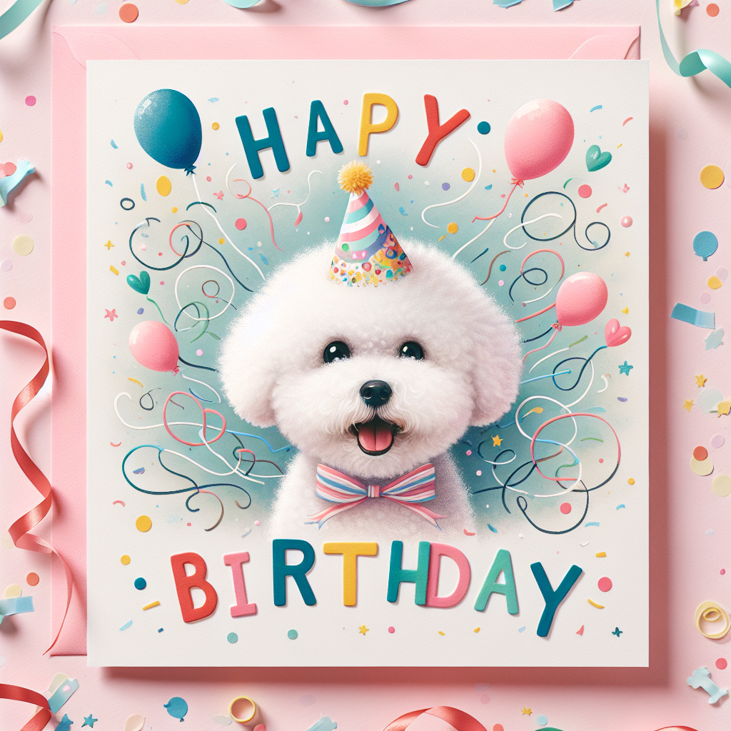 A whimsical birthday card featuring a fluffy Bichon Frise wearing a colorful party hat sits in the center, surrounded by balloons and confetti. Beneath the dog, the words 'Happy Birthday' are written in playful, bold letters against a soft pastel background.
Generated with these themes: Bichon Frise  .
Made with ❤️ by AI.